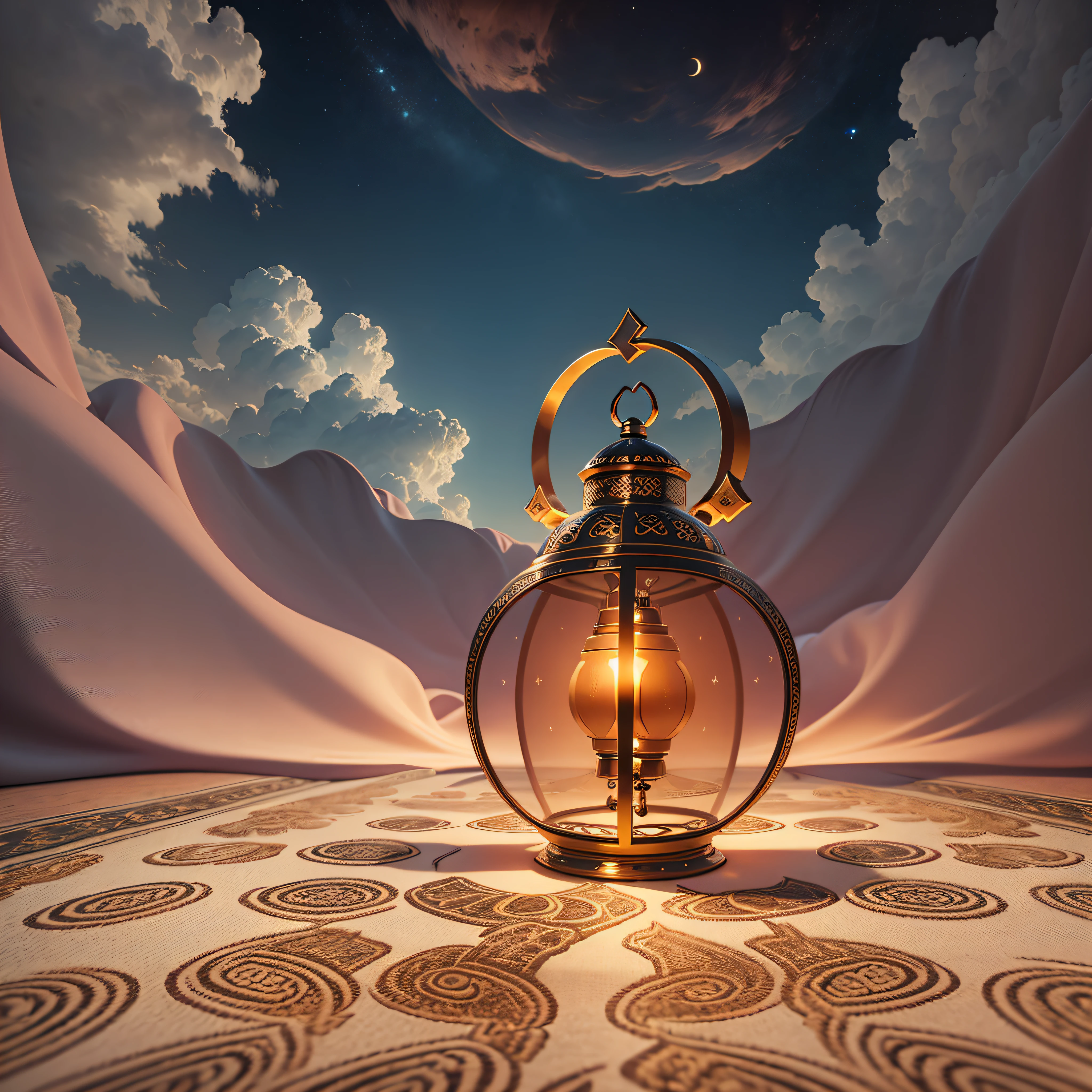 wide angle 3d render image of one arabic lantern placed on a vintage carpet surrounded with oudh clouds