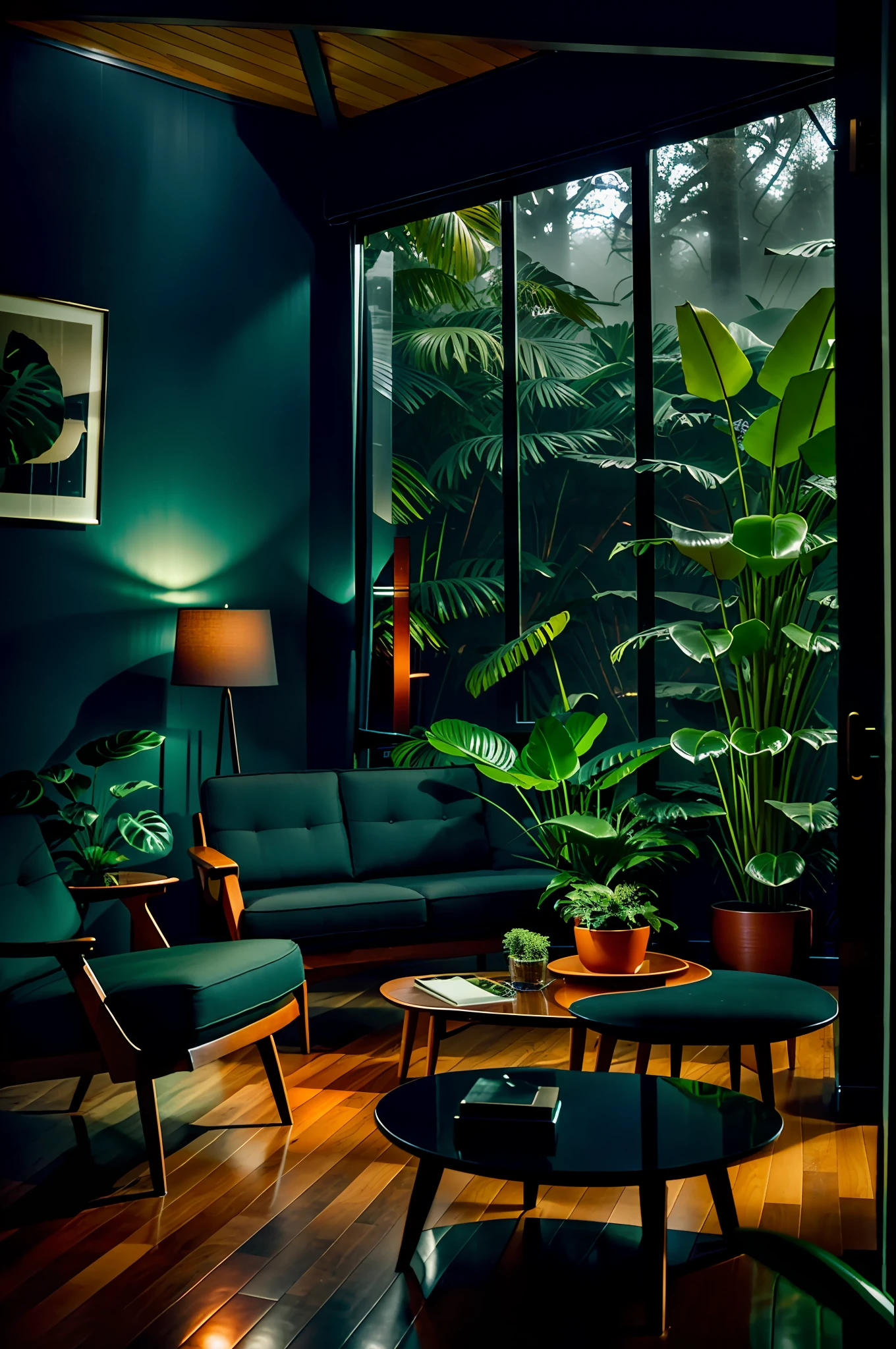 midcentury modern living room dimly lit with dark rainy evening outside, (foggy rainy evening:1.2), pacific northwest, (dim lighting:1.4), (moody lighting:1.2), plants, large plants, rainy, monstera, many plants, (foggy windows:1.2), masterpiece, best quality, twilight hour, (nighttime:1.4), rainy evening, after sunset,