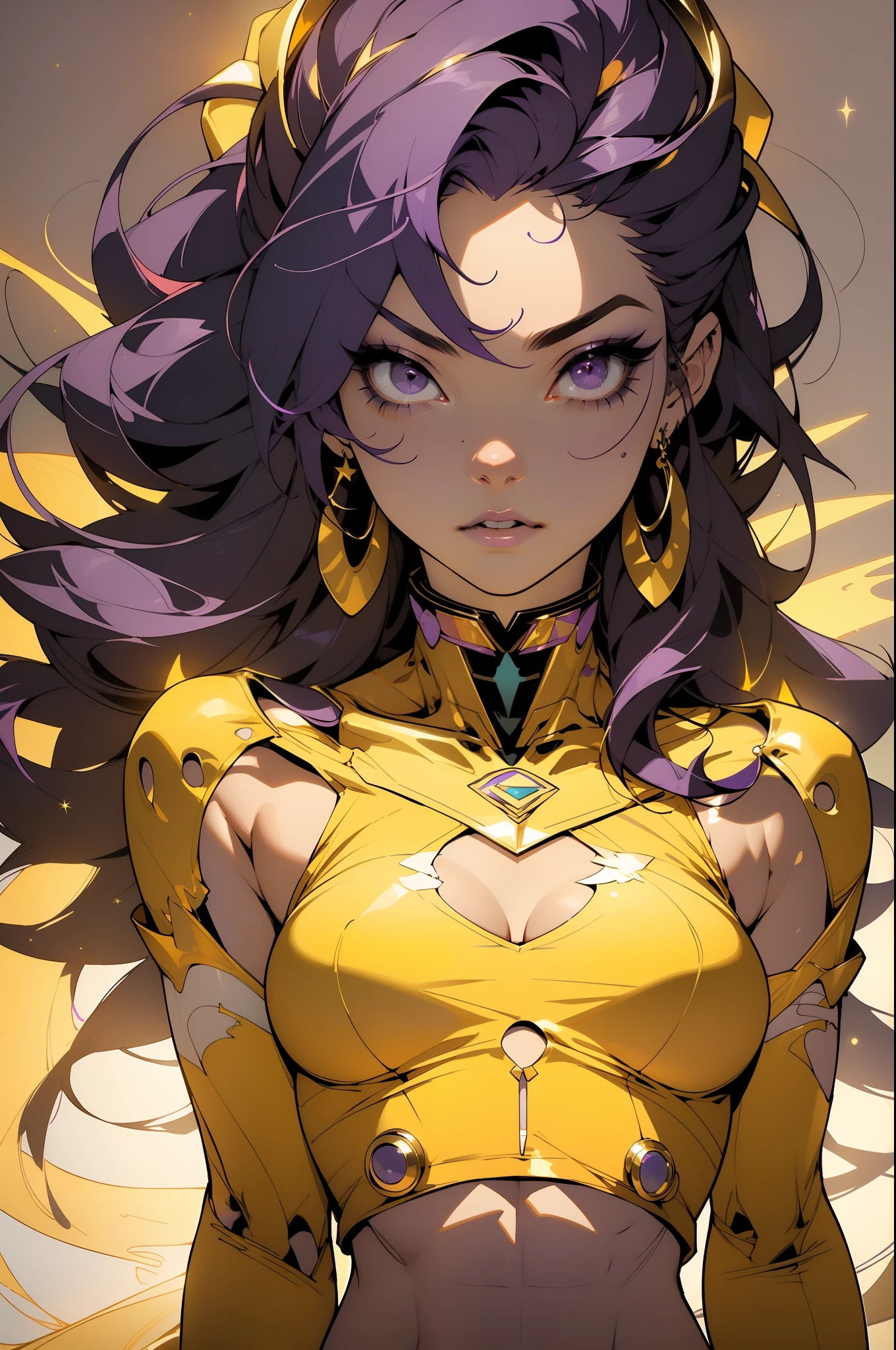 ((Best quality)), ((masterpiece)), (detailed: 1.4), (Absurd), 9full body0, muscular woman of 35 years, kinetic skin yellow gold with (((exposed muscles and bones)))), hot woman, sculptural body with defined muscles, closed mouth, muscular body wearing a micro loincloth, whole body covered by yellow clothing gold neon style Genesis evangelion, ((large breasts)), (eyes with heavy and very black makeup), (((unkempt purple hair)), (stars covering the body), ((drawings of golden stars on the arms)), very long eyelashes, heavy eye makeup, lots of jewelry, by mucha, niji --V5, close to real, psychopath, crazy face, sexy pose, 2 piece clothes, pastel, centered, scale to fit the dimensions