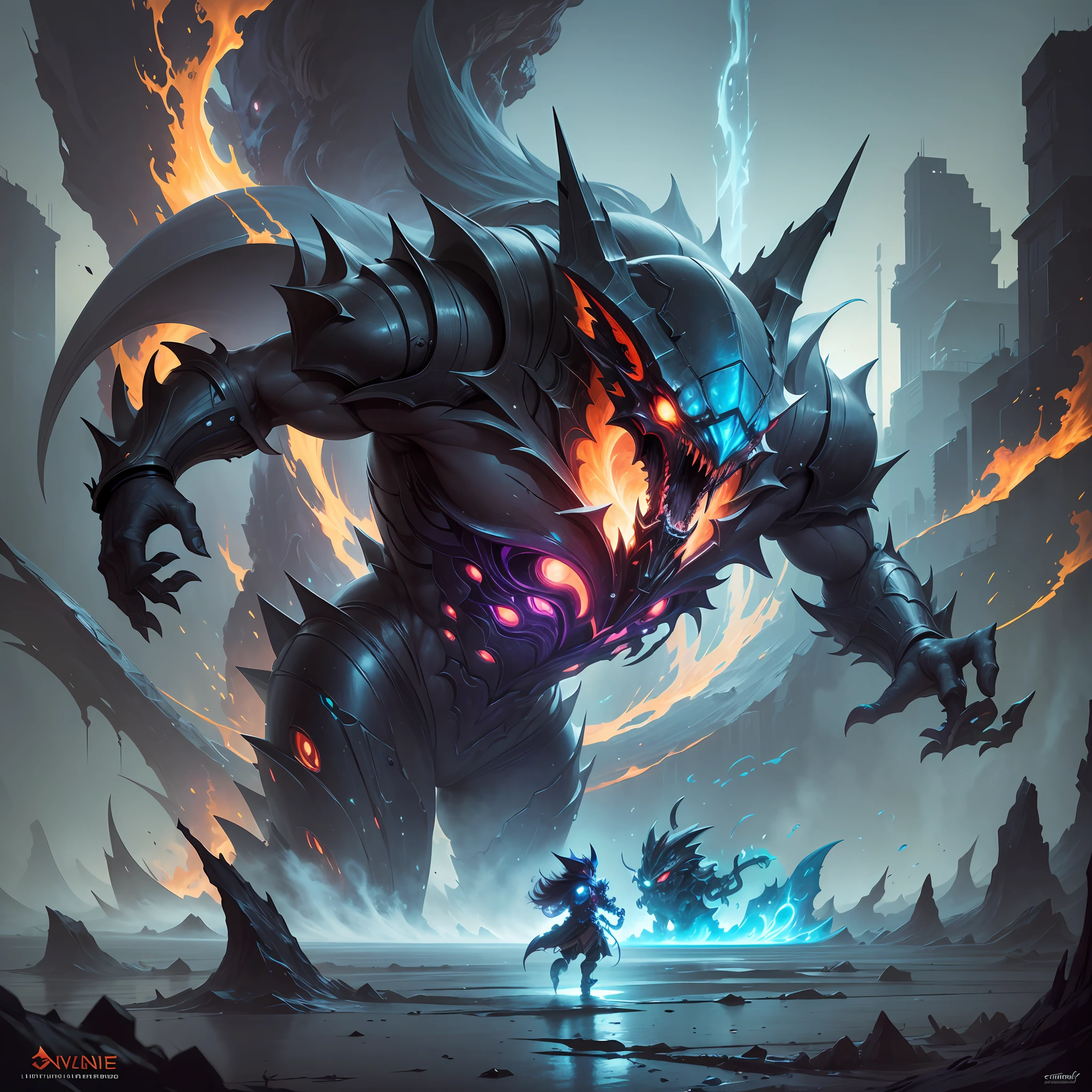 Best Quality, Masterpiece, Extreme Artwork, League of Legends Original Art, Sealed Alien Creatures, Burning, Alien, Monster, Universe, Sharp, Mysterious, Big Dynamics, Perspective, Focused Clear, Pokemon, Emoticon Pain, (Dark Properties 1.3), Flattened (1.4), Texture, Dark Simple Background --auto --s2