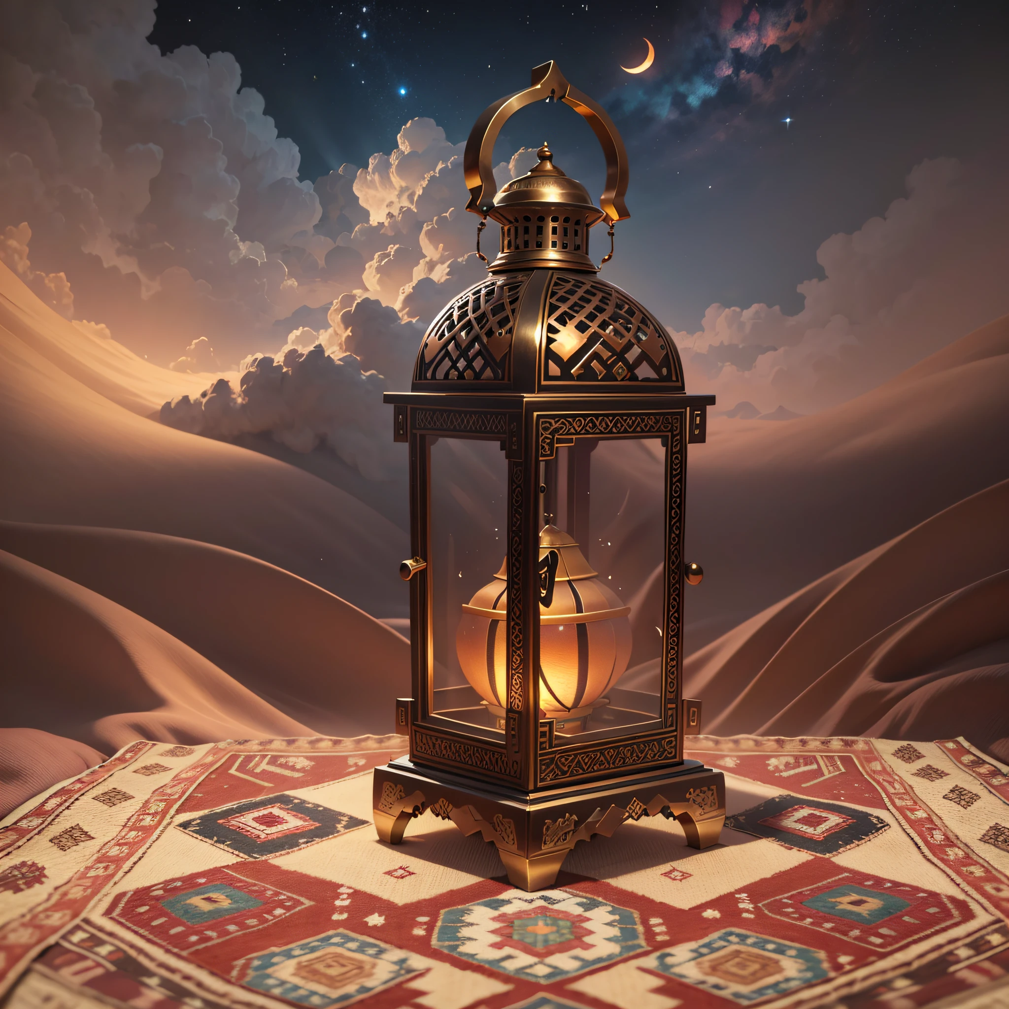 wide angle 3d render image of one arabic lantern placed on a vintage carpet surrounded with oudh clouds
