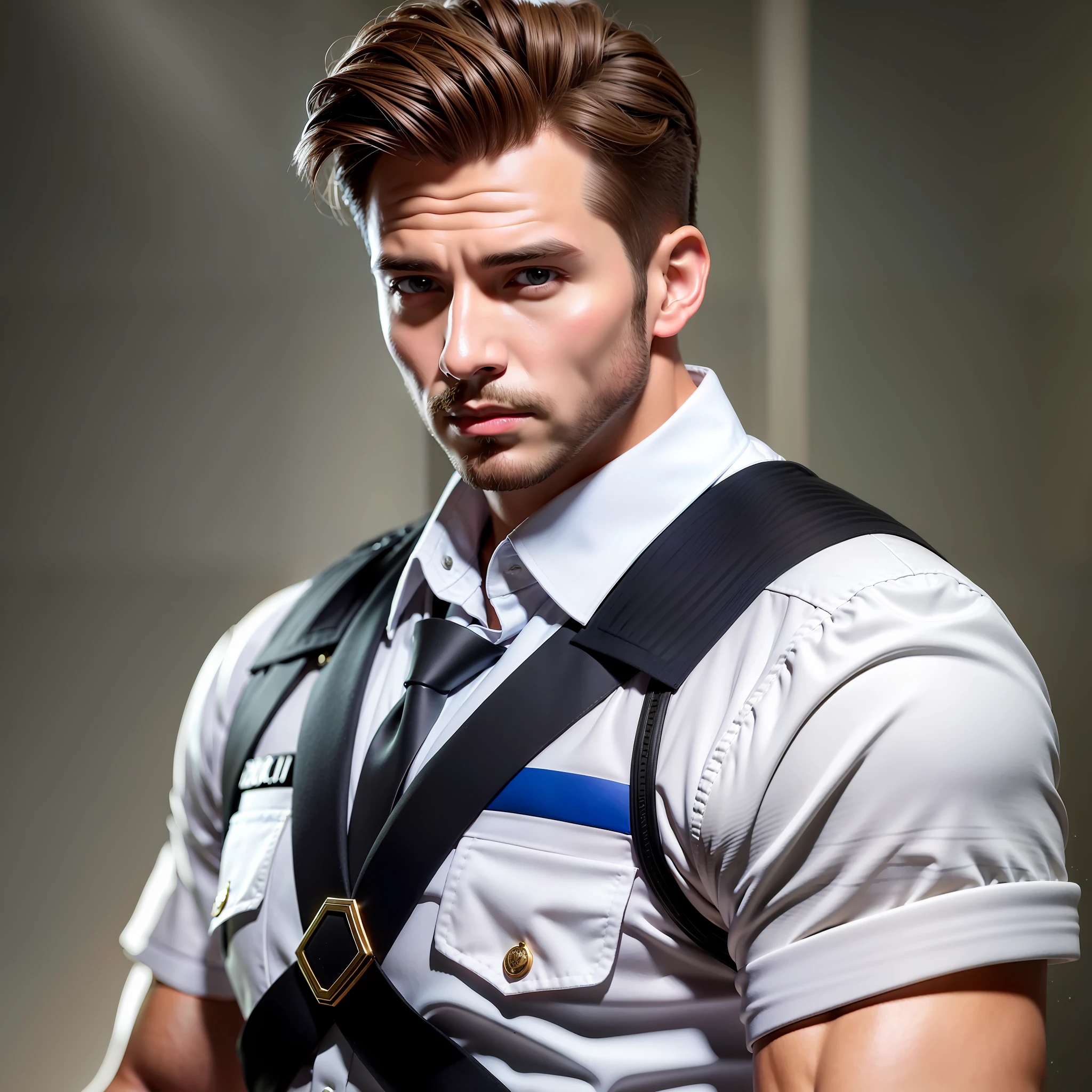 Handsome cop man, 25 years old, (big muscle:1.5), light brown hair. dressed as a policeman. Photorealistic, 8k, detailed face, high quality, photorealistic