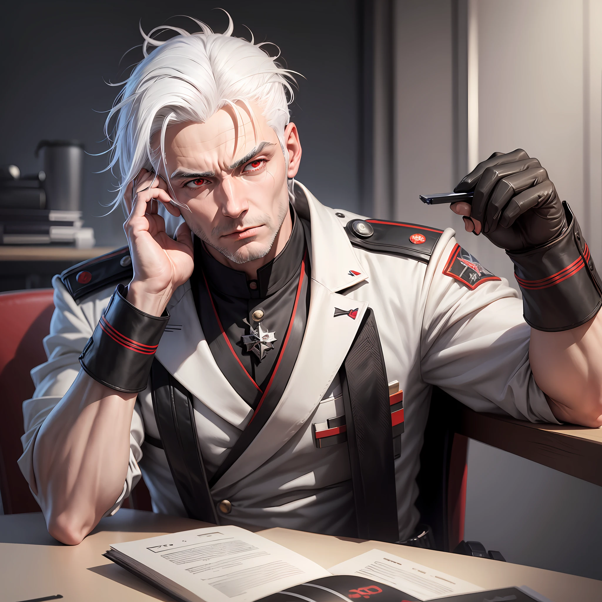 man with white hair with red eyes and black military clothing, sitting at the table leaning his head on his hand, futuristic, realist, 4k, imagine, variation - --auto --s2