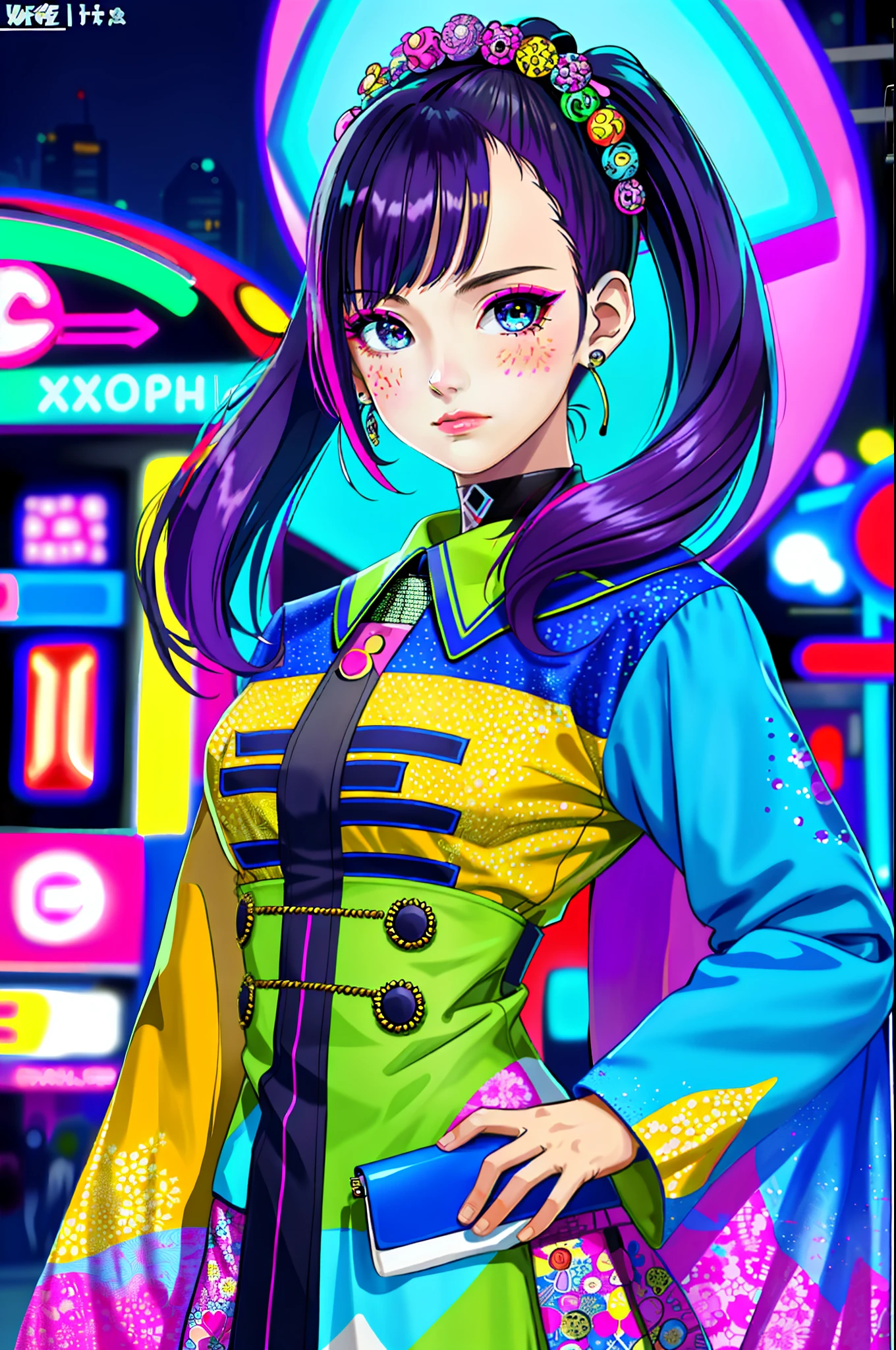 masterpiece, best quality,
1girl, looking at viewer, 
Confident girl with slightly sassy expression, Harajuku-inspired pop outfit, bold colors and patterns, eye-catching accessories, trendy and innovative hairstyle, vibrant makeup, futuristic and orderly dazzling cityscape, skyscrapers, neon signs, LED lights, bright and vivid color scheme,
anime, illustration,
 detailed skin texture, detailed cloth texture,  beautiful detailed face, intricate details, ultra detailed,