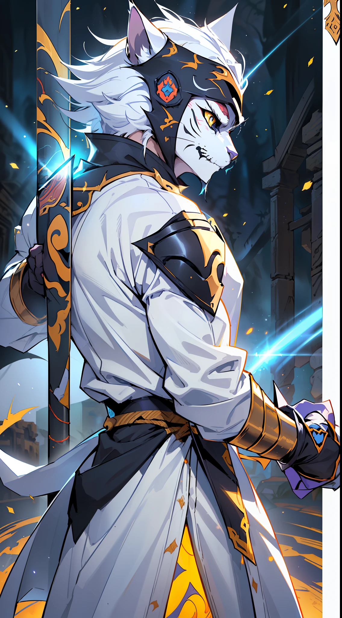 (extremely detailed 8k wallpaper:1.2), (best quality:1.2), (adventure and fantasy theme), profile (Paizo Pathfinder RPG character and Dungeons & Dragons), (anthropomorphic catman), ((((catfolk race))), strong, sharp focus, (subsurface scattering:1.1), award-winning photography, ((White Ninja Paladin Cat Man Class:1.3)), ((full body shot:1.1)), centered face, white-furred feline head, yellow eyes:1.2, ((((white costume of ancient ninja))))), oriental weapon in hand, fighting pose, (((particles of light energy shining on the whole character))) (standing in front of oriental monastery:1.3), (very detailed background:1.2),dramatic lighting, sfw