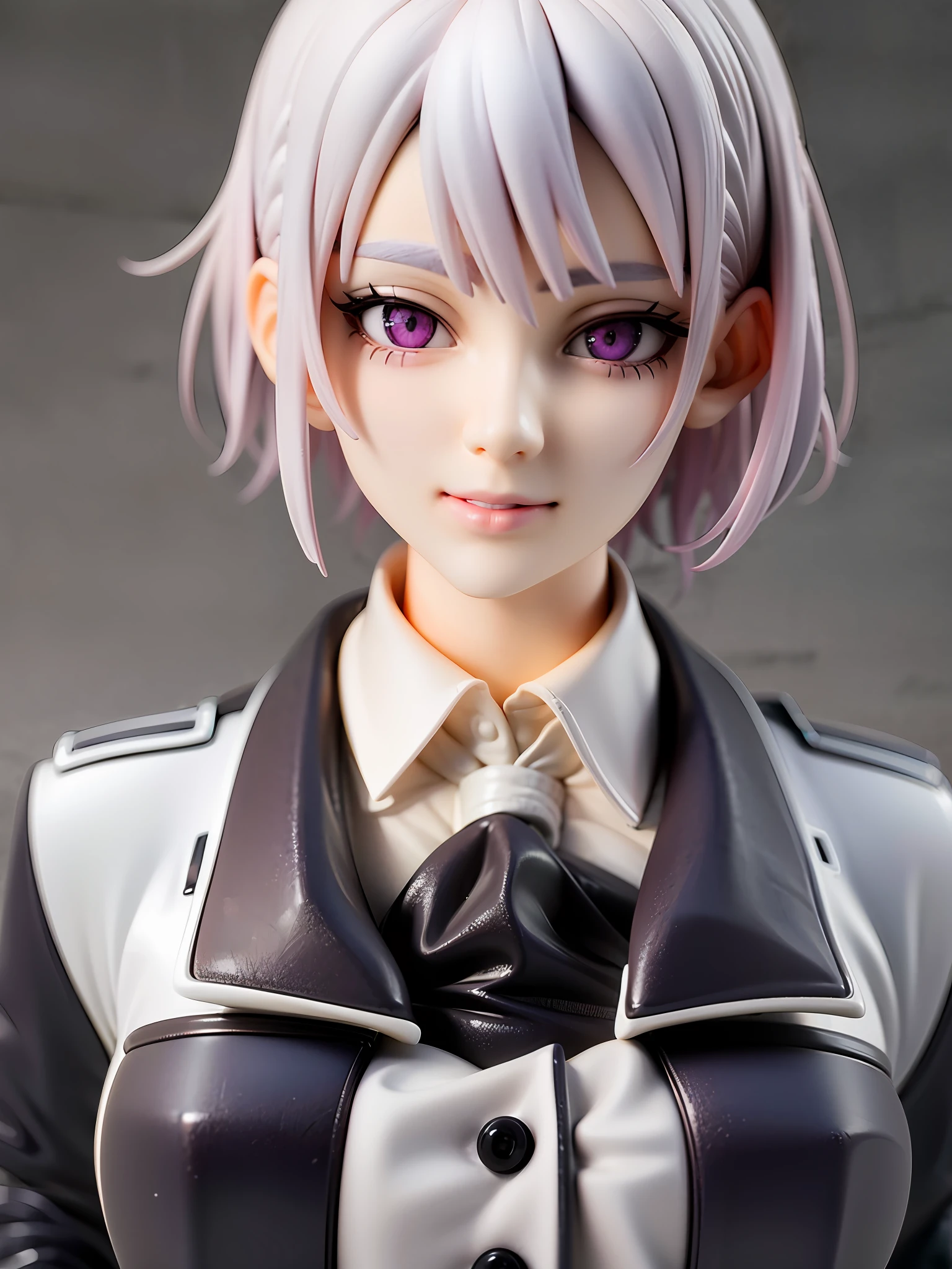 1girl,white hair, short hair, school uniform, beautiful eye, simple background, highres, ultra detailed, absurdres, smile, 口を閉じる
