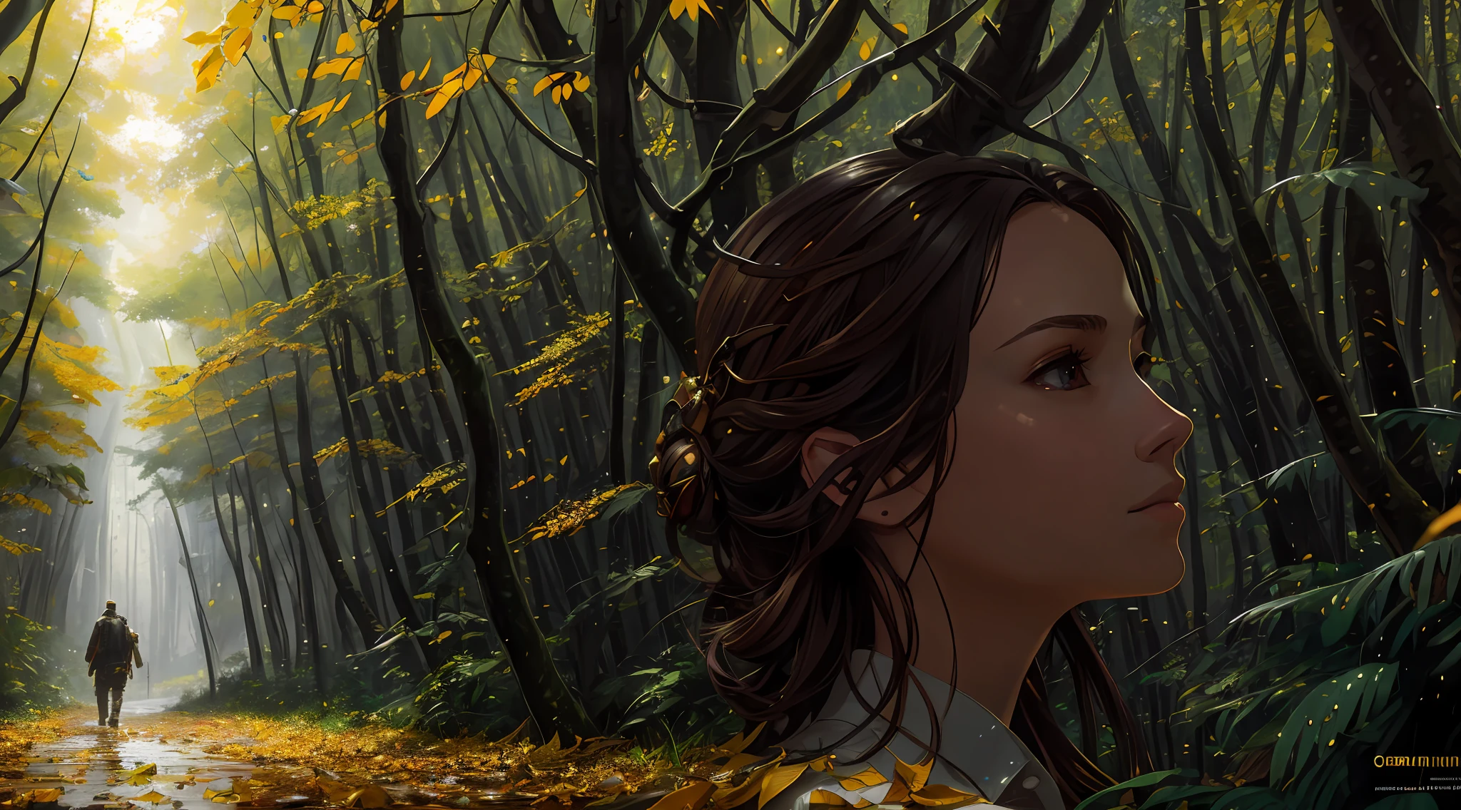 masterpiece, best quality, Alley of yellow leaves, sun, one person walks in our direction along a narrow path, dense forest, puddles, slush, wet green grass, bottom view, drawing ((well-detailed forest)), (extremely detailed 8k CG wallpaper), professional majestic oil painting by Ed Blinky, Ateya Gailan, Studio Ghibli, Jeremy Mann, Greg Manchess, Antonio Moro, trend in ArtStation, trends in CGSociety, Intricate, High Detail, Sharp Focus, dramatic and photorealistic painting by Midjourney and Greg Rutkowski --auto --s2