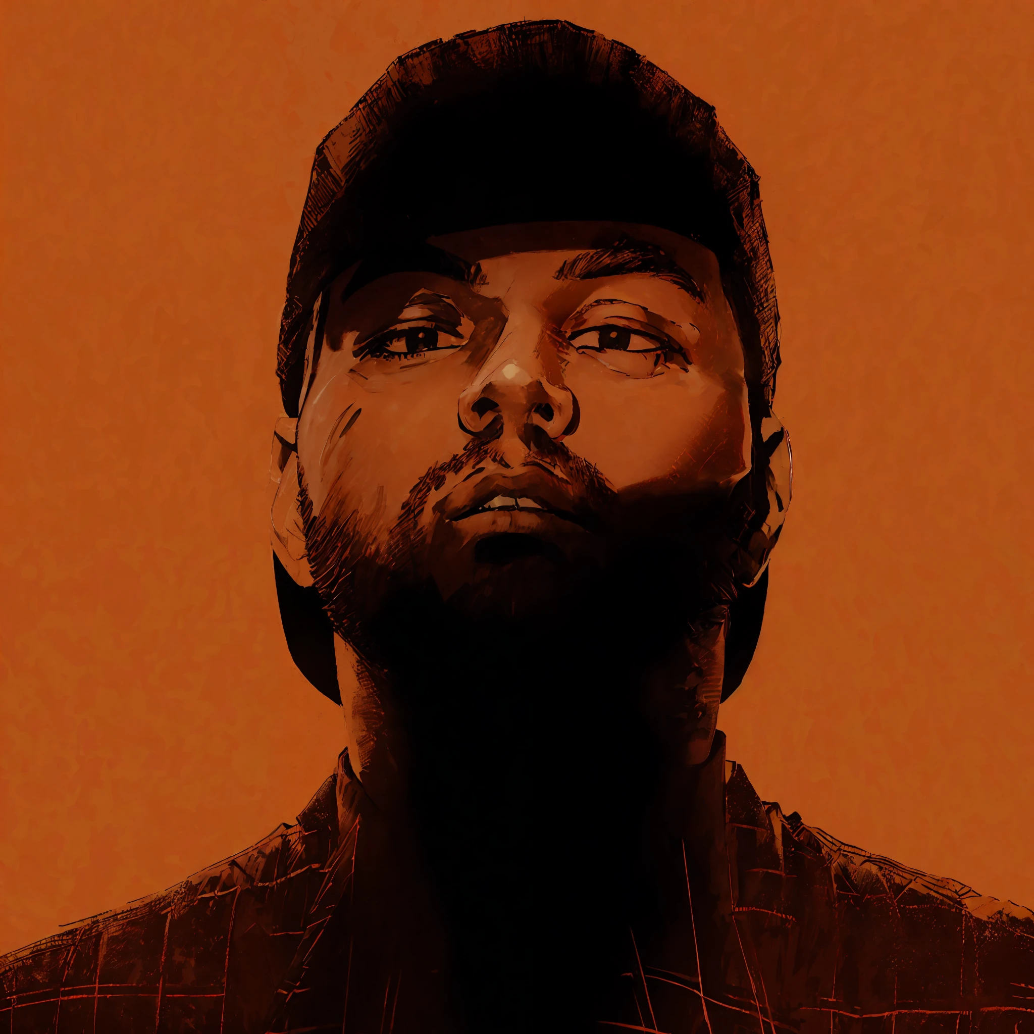 ((((best quality))), (((ultra detailed))), (((masterpiece))), illustration,(cover style illustration of The Weeknd magazine with striped shirt), posing in front of a dynamic orange colored background. The text on the cover should be bold and attention-grabbing, with the magazine title and a catchy title. The overall style should be modern and modern, with a focus on fashion and lifestyle), wallpaper,crowds,fashion,lipstick,ray tracing,depth of field,street,in public,day 1man,solo,looking at the viewer, shiny skin,(( Wearing backward facing cap))) (( gloomy )). ((Dark)) ((mysterious)) ((( SHADOW ON THE FACE))) (MYSTERIOUS SHADOW)