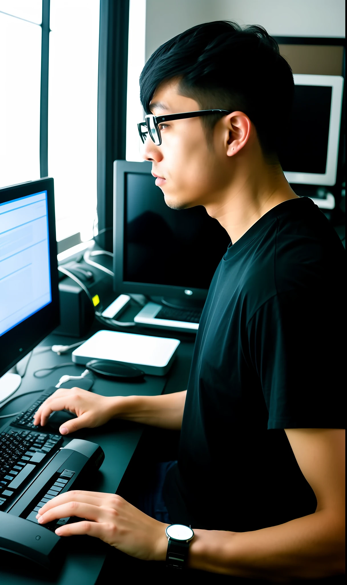 black hair, A 32 years old Chinese male programmer, sitting in front of a computer, gazing at the screen, coding, (white T-shirt), accurate, over-rim eyewear, bloodshot eyes, office, (computer screen), (keyboard), short hair, Surrealism, depth of field, cinematic lighting, Fujicolor, film grain, from outside, panorama, 8k, super detail, best quality