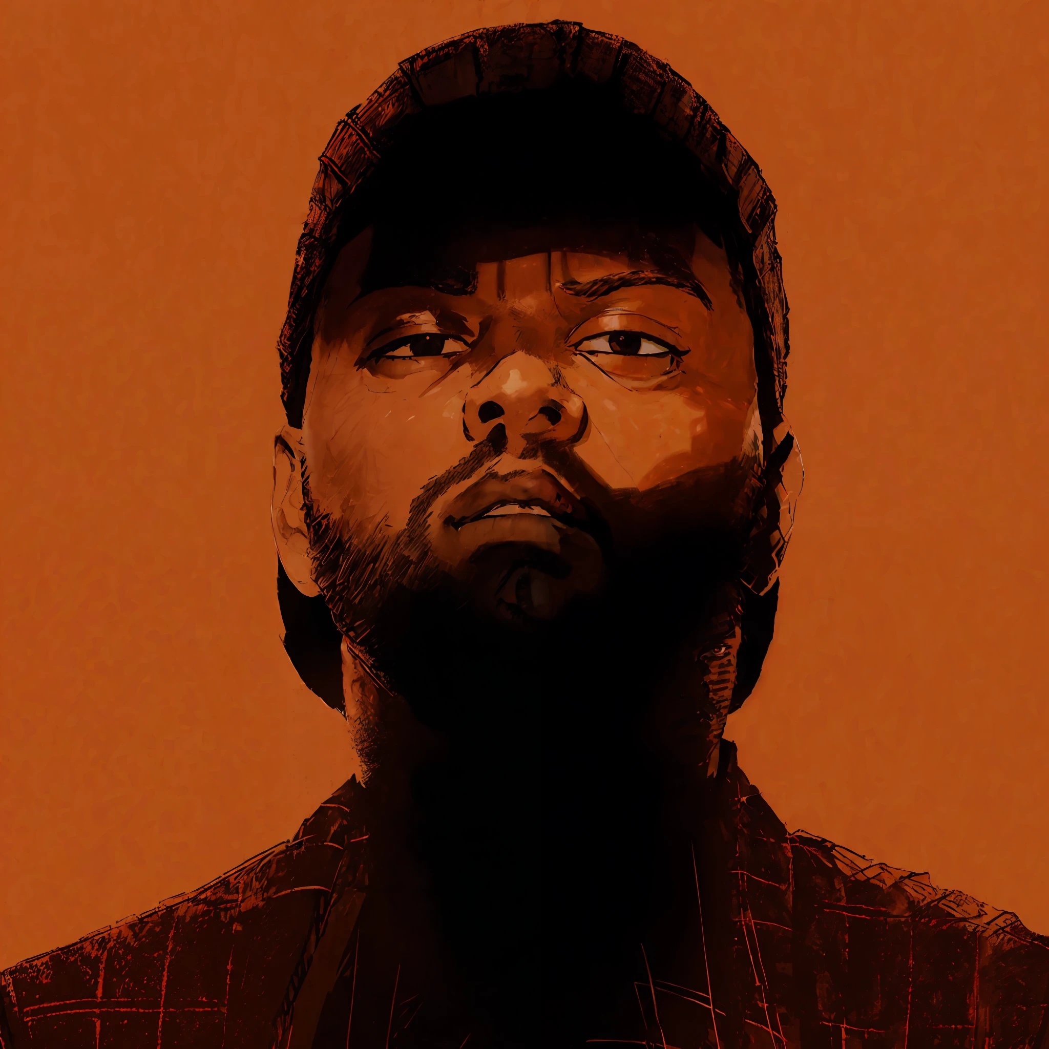 ((((best quality))), (((ultra detailed))), (((masterpiece))), illustration,(cover style illustration of The Weeknd magazine with striped shirt), posing in front of a dynamic orange colored background. The text on the cover should be bold and attention-grabbing, with the magazine title and a catchy title. The overall style should be modern and modern, with a focus on fashion and lifestyle), wallpaper,crowds,fashion,lipstick,ray tracing,depth of field,street,in public,day 1man,solo,looking at the viewer, shiny skin,(( Wearing backward facing cap))) (( gloomy )). ((Dark)) ((mysterious)) ((( SHADOW ON THE FACE))) (MYSTERIOUS SHADOW)