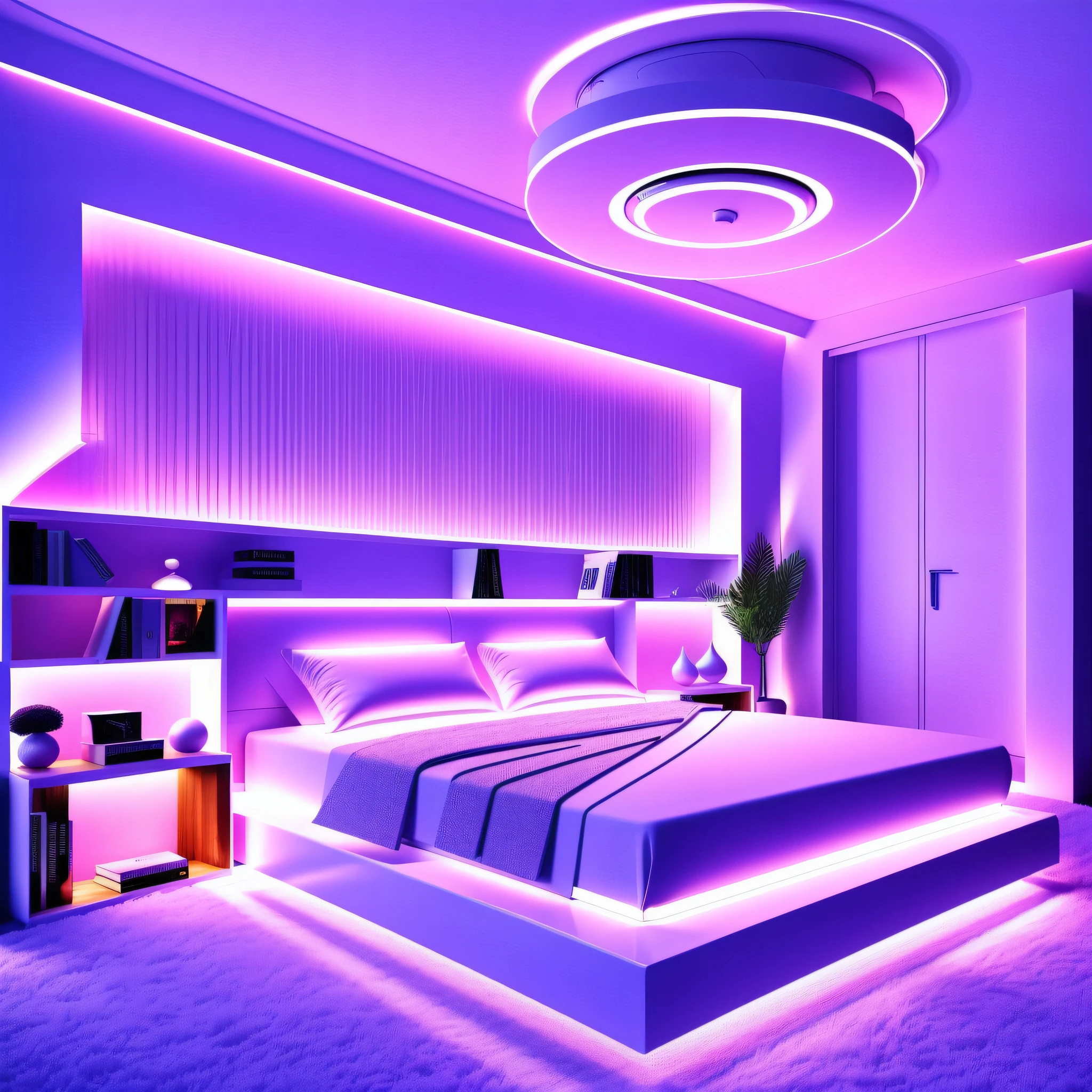 ((futuristic room)), (3D room for a female streamer), (a 3D room in Japanese anime format), (best quality), (beautiful fantasy landscape), (The room is spacious and well-lit with large windows offering stunning views), (Futuristic room), (Futuristic female room), (Futuristic streamer room), (one bedroom interior), (anime illustration), soft LED lighting,  (A spacious and airy room, with high ceiling and large windows), (to add a feminine and cozy touch, there are details in pastel tones such as light pink, lavender and soft blue, present in some areas of the environment, such as cushions, curtains or decorative objects), (The room is furnished with a modern and soft sofa, perfect for moments of relaxation between streams; A floating bookcase displays prizes, trophies and collectibles from the streamer, adding a personal touch; to the room environment is equipped with advanced virtual reality devices allowing the streamer to explore immersive virtual environments and interact with its audience in unique ways during broadcasts), (The futuristic bed is designed to provide maximum comfort and a relaxing environment for the streamer It is large and spacious, with a soft and comfortable mattress coated in a high-quality technological fabric),  (The headboard of the bed is adorned with adjustable LED lights that can create soothing, soothing lighting to help with bedtime or provide a cozy environment for nighttime readings), (Next to the bed, there's a floating bedside table with lighting controls allowing the streamer to adjust the room's lighting settings conveniently.) The bedside table also has a holographic screen that displays important information,  such as streaming notifications or fan messages), (3D animation).