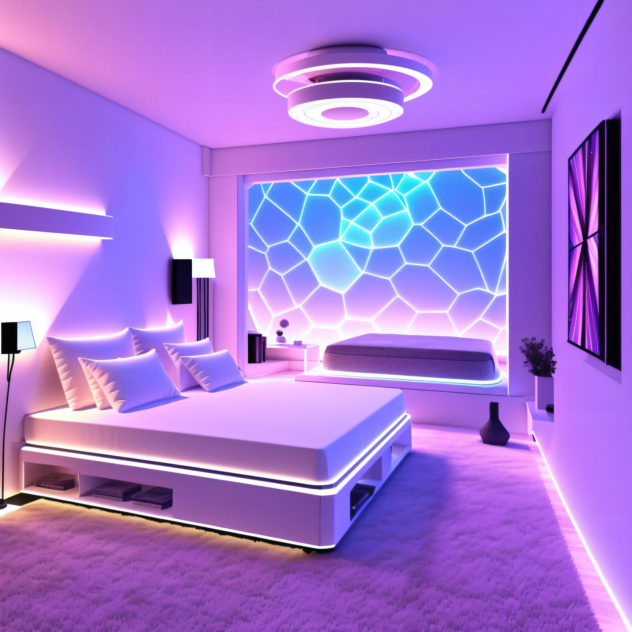 ((futuristic room)), (3D room for a female streamer), (a 3D room in Japanese anime format), (best quality), (beautiful fantasy landscape), (The room is spacious and well-lit with large windows offering stunning views), (Futuristic room), (Futuristic female room), (Futuristic streamer room), (one bedroom interior), (anime illustration), soft LED lighting, (A spacious and airy room, with high ceiling and large windows), (to add a feminine and cozy touch, there are details in pastel tones such as light pink, lavender and soft blue, present in some areas of the environment, such as cushions, curtains or decorative objects), (The room is furnished with a modern and soft sofa, perfect for moments of relaxation between streams; A floating bookcase displays prizes, trophies and collectibles from the streamer, adding a personal touch; to the room environment is equipped with advanced virtual reality devices allowing the streamer to explore immersive virtual environments and interact with its audience in unique ways during broadcasts), (The futuristic bed is designed to provide maximum comfort and a relaxing environment for the streamer It is large and spacious, with a soft and comfortable mattress coated in a high-quality technological fabric), (The headboard of the bed is adorned with adjustable LED lights that can create soothing, soothing lighting to help with bedtime or provide a cozy environment for nighttime readings), (Next to the bed, there's a floating bedside table with lighting controls allowing the streamer to adjust the room's lighting settings conveniently.) The bedside table also has a holographic screen that displays important information, such as streaming notifications or fan messages), (3D animation).