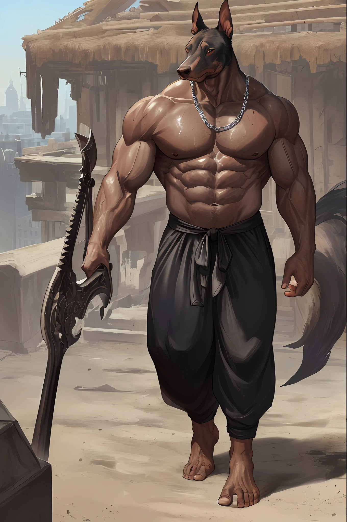 Front view, full height, medieval, den (doberman), male, doberman, adult, solo, hyper muscular, huge muscles, massive construction, heavy posture, broad shoulders, giant body and tiny head in comparison ((blacksmith cloths, bare chest)), dark pants, correct anatomy, tail, massive, (brown skin, light snout, detailed skin: 1.4), wide calves and wide feet, detailed background, antient city background,   Photorealistic, hyper-realistic, ultra-detailed, (masterpiece:1.2), epic, (right line hands), natural lighting, (by grimfaust), sturdy, ultra-detailed high-quality light yellow eyes, bare feet, thick sweat dripping over Doberman.