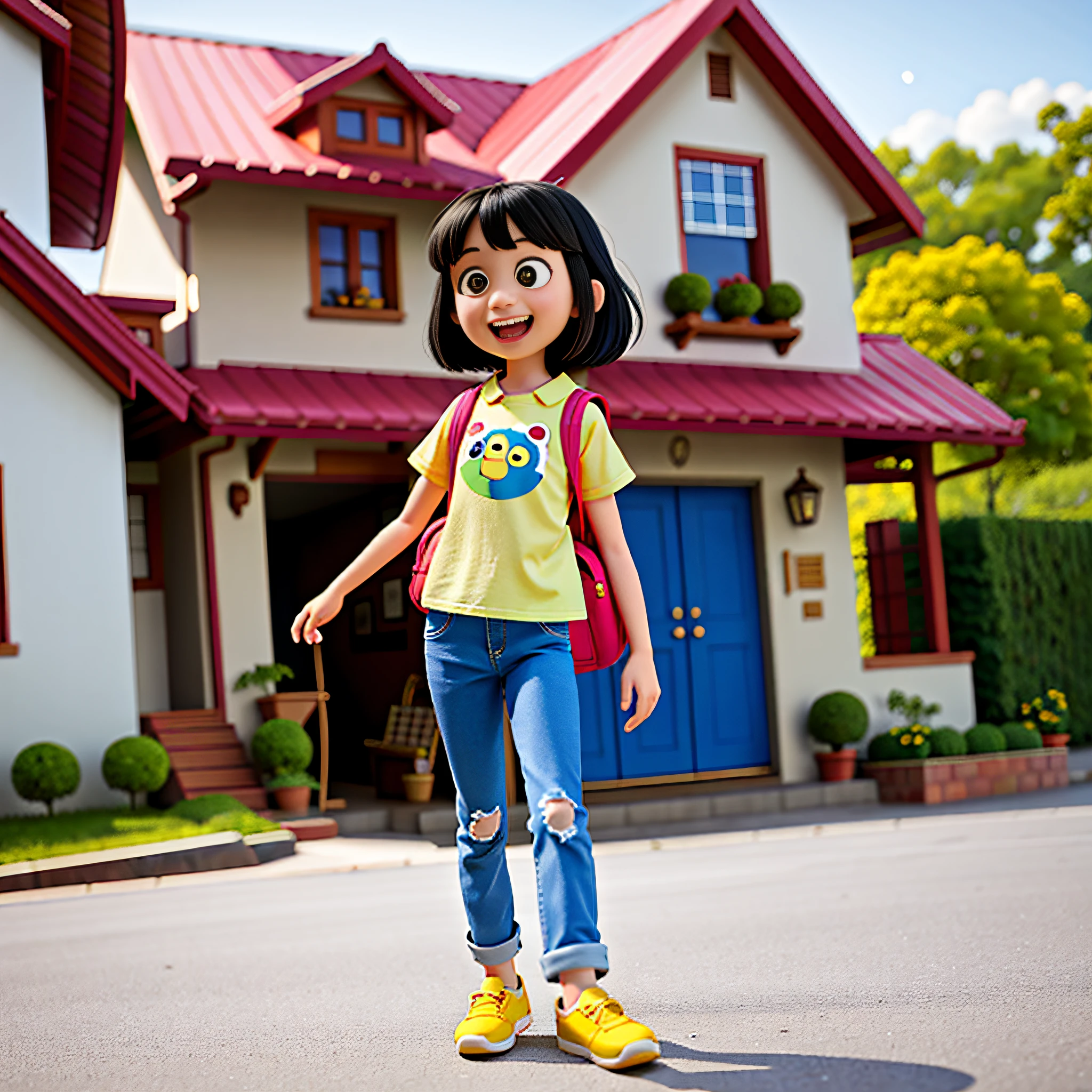 comic style, girl , 5 yearsnding, full body, straight black hair, white girl, backpack on the back, yellow shirt, blue pants and black shoes, happy face, (clutter - house: 0.8), (masterpiece: 1.2) (realistic: 1.2) (bokeh) (best quality) (detailed skin: 1.3) (intricate details) (8K) (detail eyes) (sharp focus), (happy)