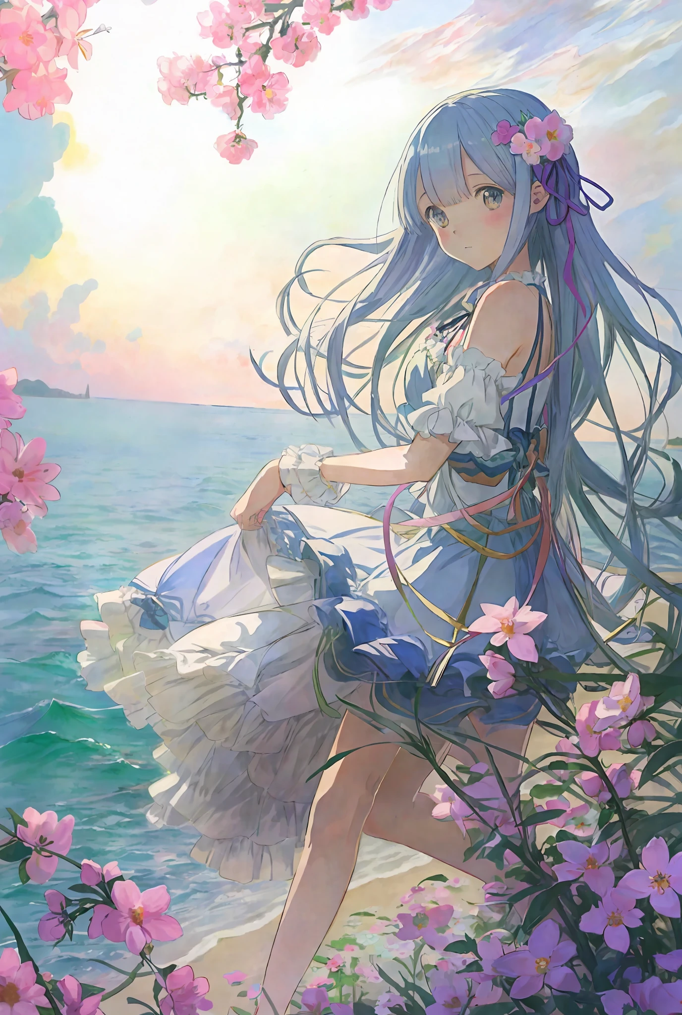 Ambiguous draft drawn with a brush, very soft, very pastel, fluffy, Rem and Ram: Rezero, Claude Monet, vividly, 2girl、 a bikini with flowers on the beach, an anime drawing by Shitao, pixiv contest winner,