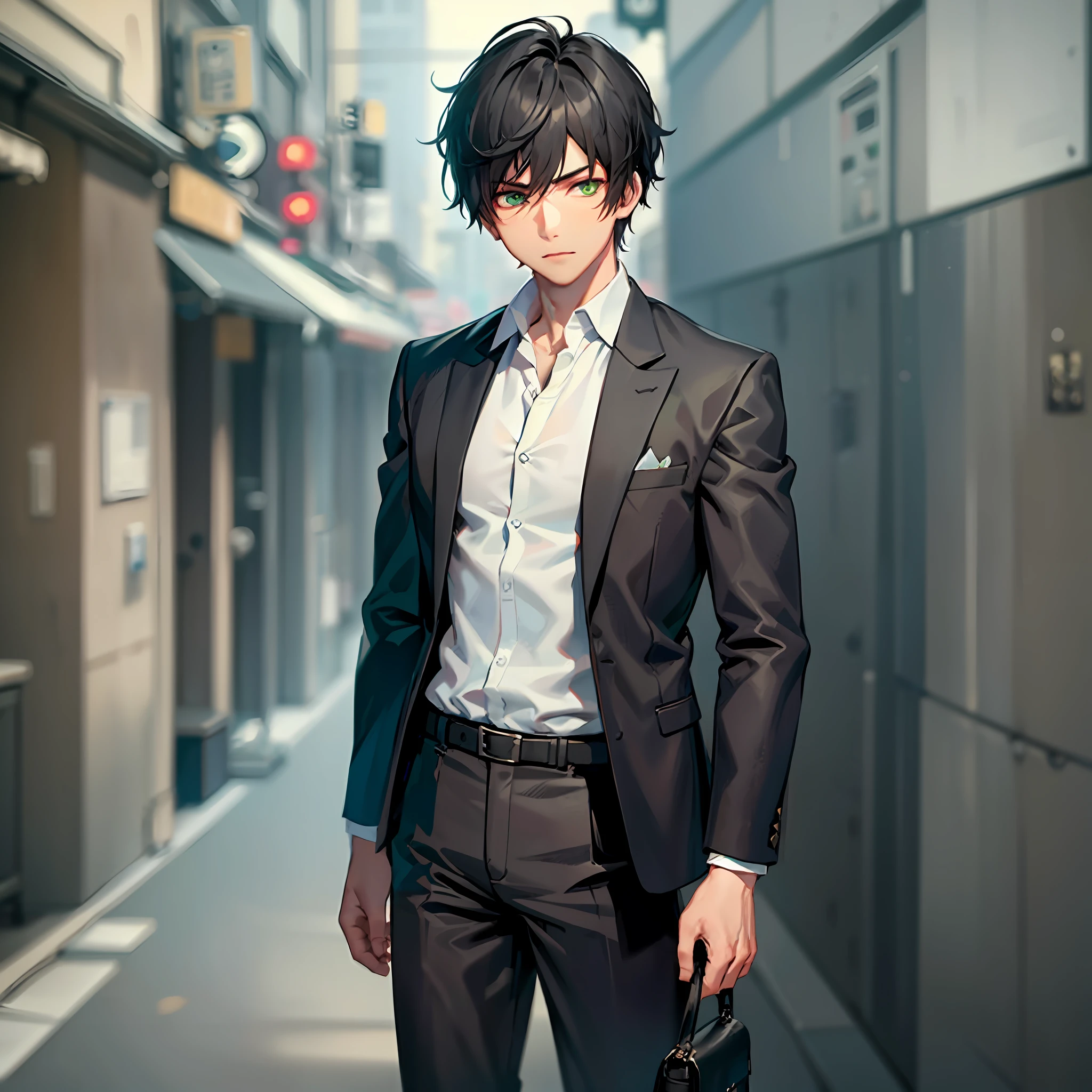 1boy, boy, black hair, green eyes, brown skin, serious, dress clothes, medium musculature --auto --s2