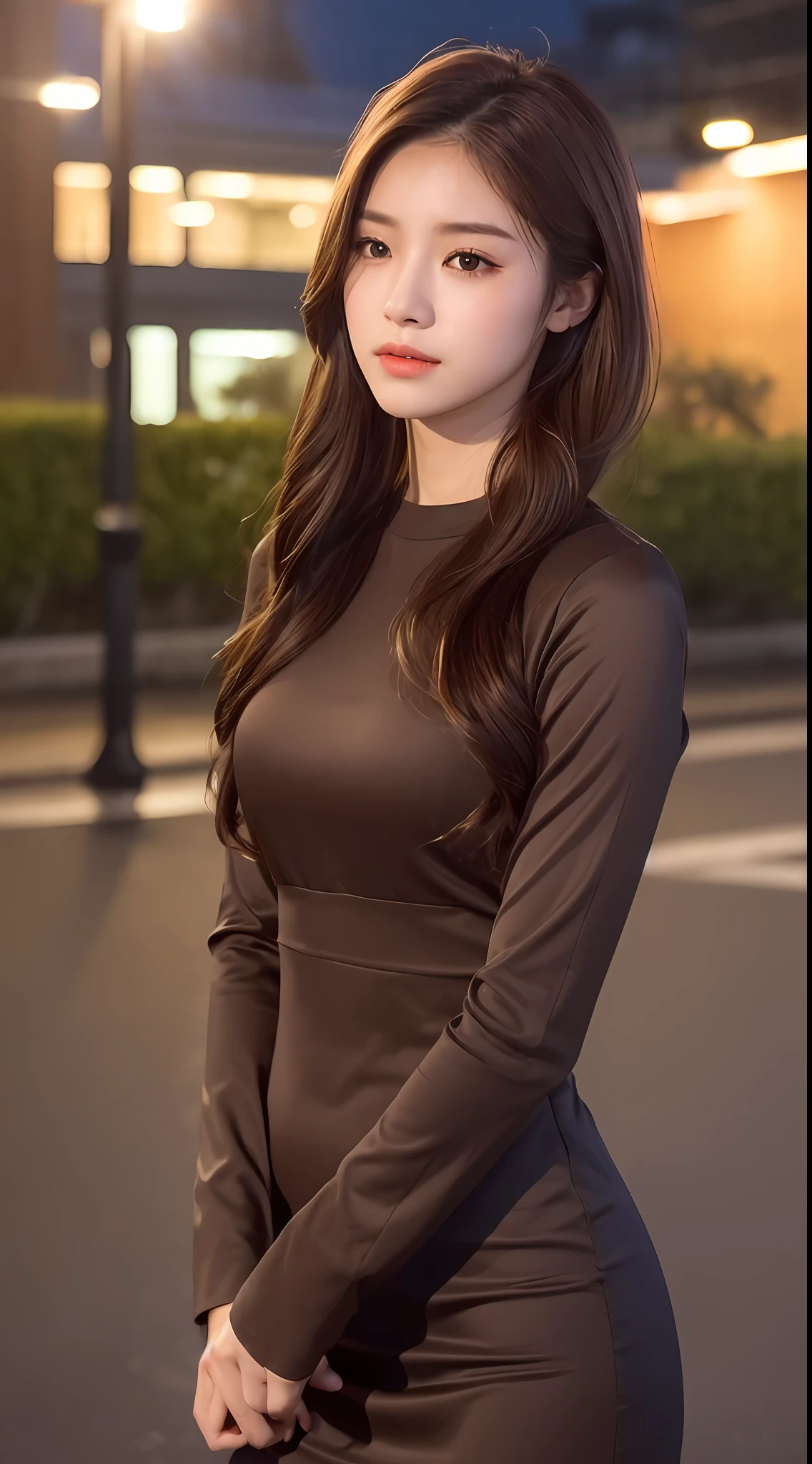 ((Realistic lighting, top quality, 8K, Masterpiece: 1.3)), Clear Focus: 1.2, 1 girl, Perfect Body Beauty: 1.4, Slim Abs: 1.1, ((Dark Brown Hair, Big: 1.3)), (Accent Dress: 1.4), (Outdoor, Night: 1.1), Street, Ultra Slender Face, Fine Eyes, Double Eyelids, No Exposure