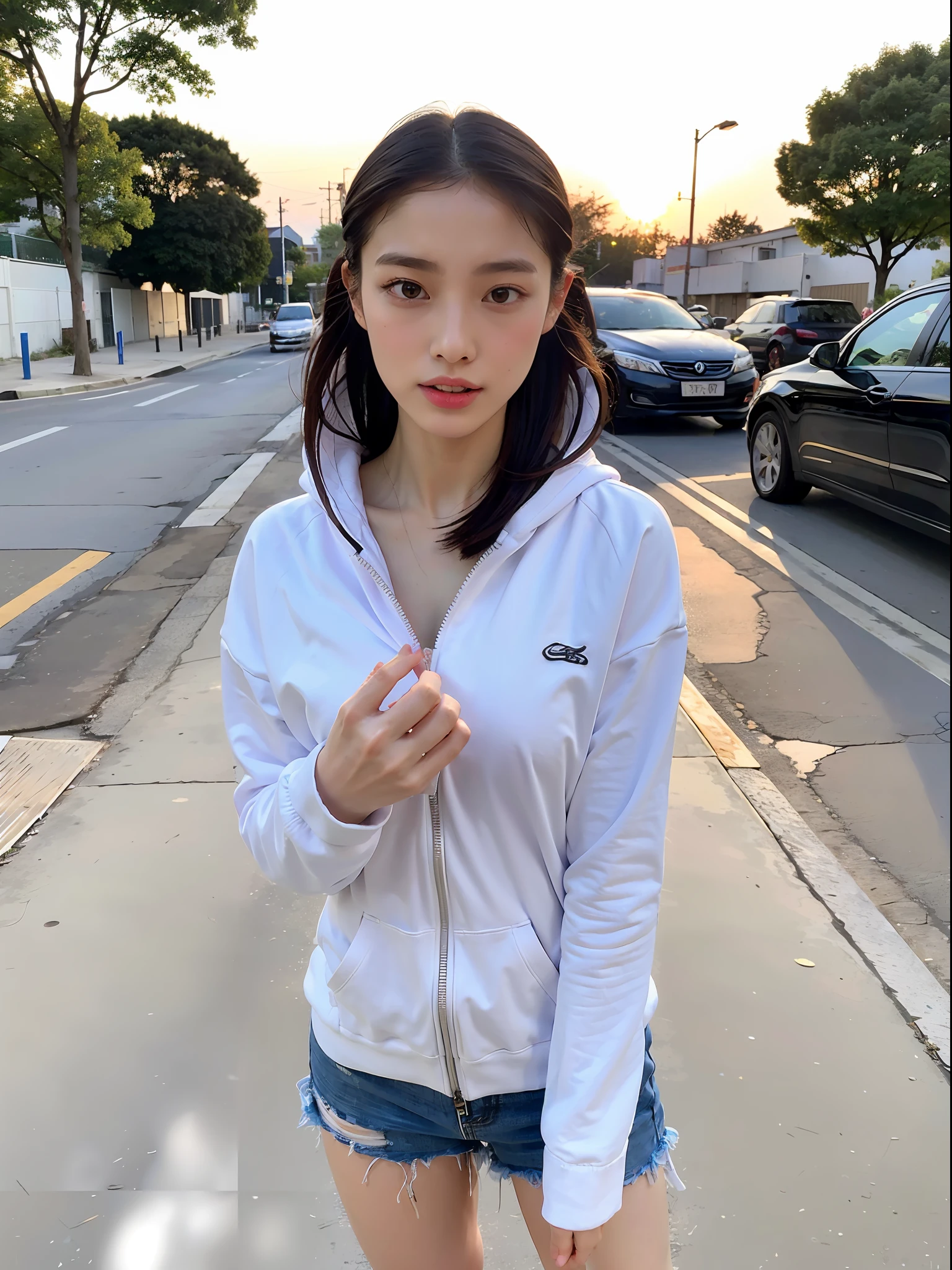 1girl, medium breasted, slender figure, slim abs, shiny sweating skin, thick thighs, in the street, sunset, (masterpiece),(best quality),raw photo, realistic, naked-hoodie