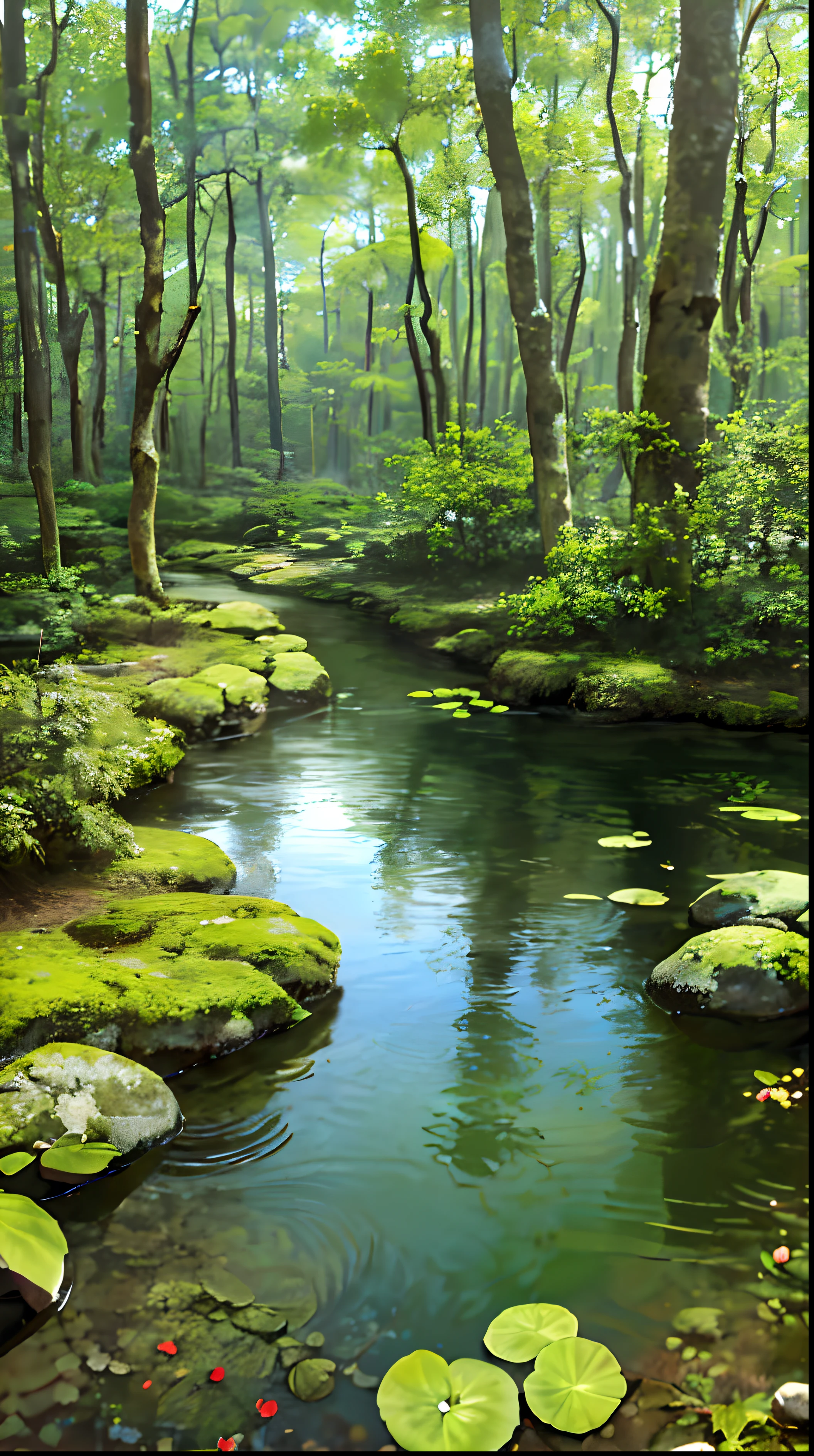 (Best quality)), (no photos of people), in the forest, frogs, quiet ponds, lots of wildflowers, creeks, stones, moss,