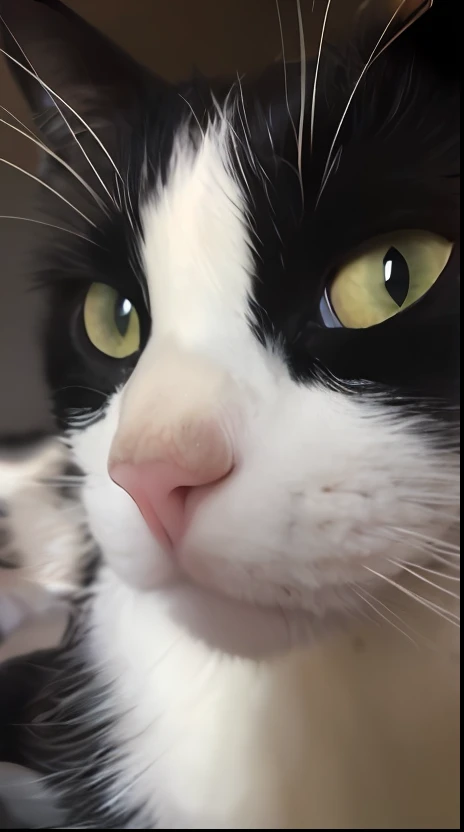 there is a black and white cat with green eyes looking at the camera, straight nose!!!!!, close up cat, straight nose!!!, whiskers, middle close up shot, closeup of an adorable, face!!!! close - up, closeup at the face, close-up!!!!!, pointy nose, close up face, close - up face, pointed nose, cute nose