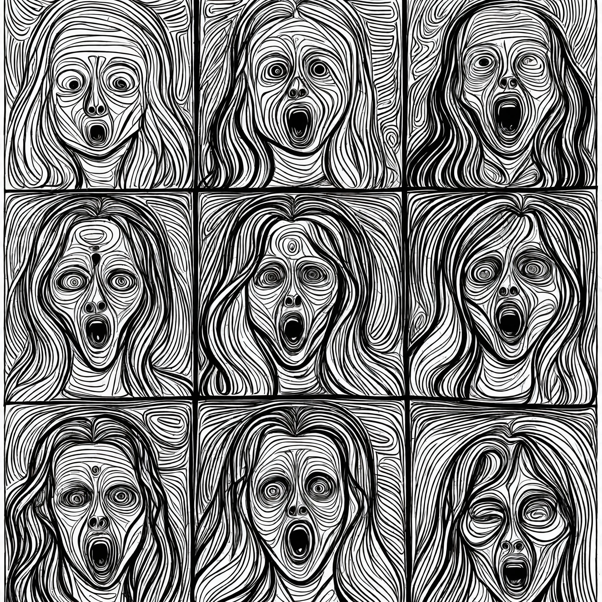 Contour lines from a rereading of Edvard Munch's "The Scream", with more simplified and geometric features, highlighting the character's expression of anguish. --auto --s2