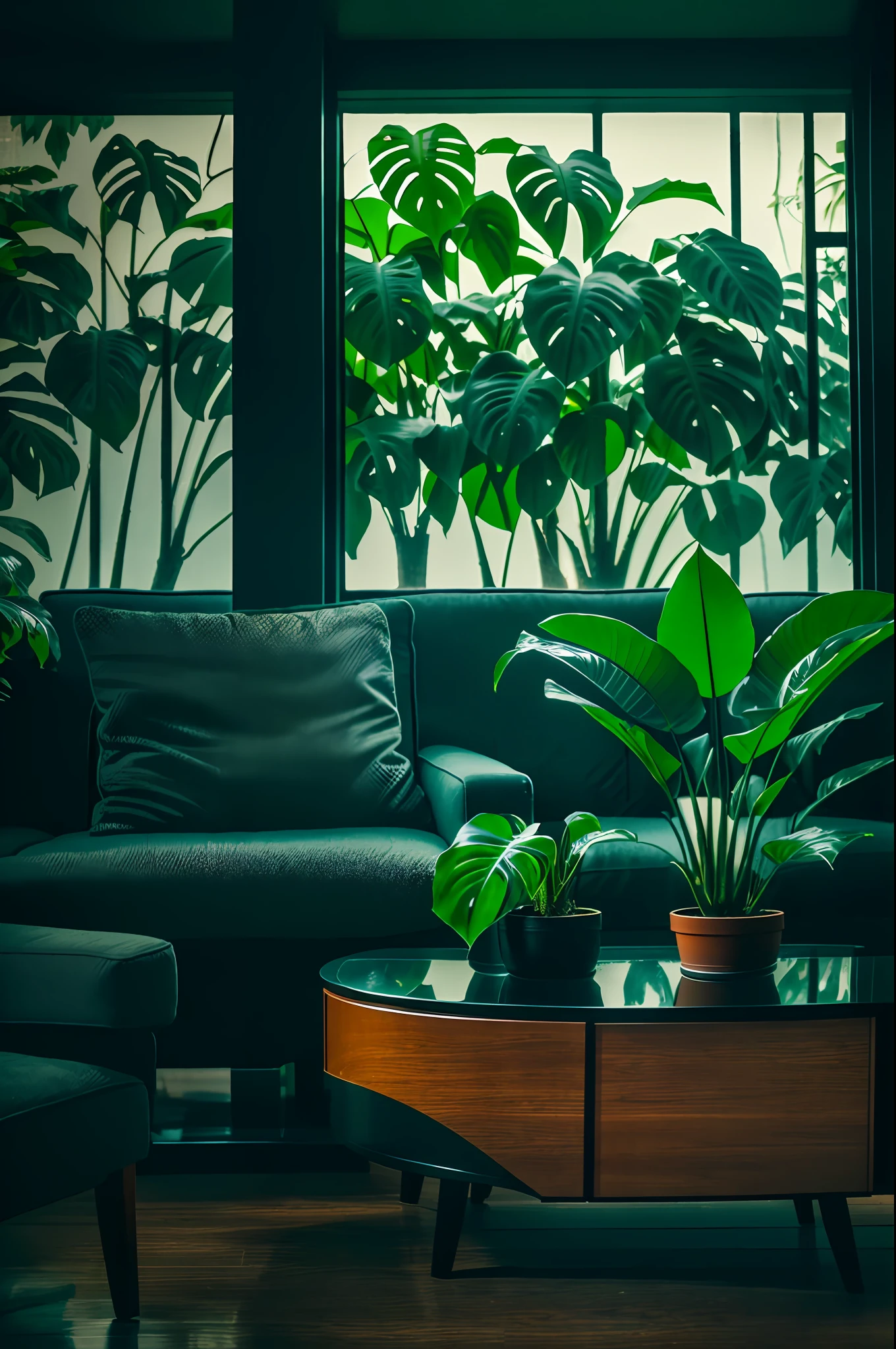 midcentury modern living room dimly lit with dark rainy evening outside, (foggy rainy evening:1.2), pacific northwest, (dim lighting:1.4), (moody lighting:1.2), plants, large plants, rainy, monstera, many plants, (foggy windows:1.2), masterpiece, best quality, twilight hour, (nighttime:1.4), rainy evening, after sunset,