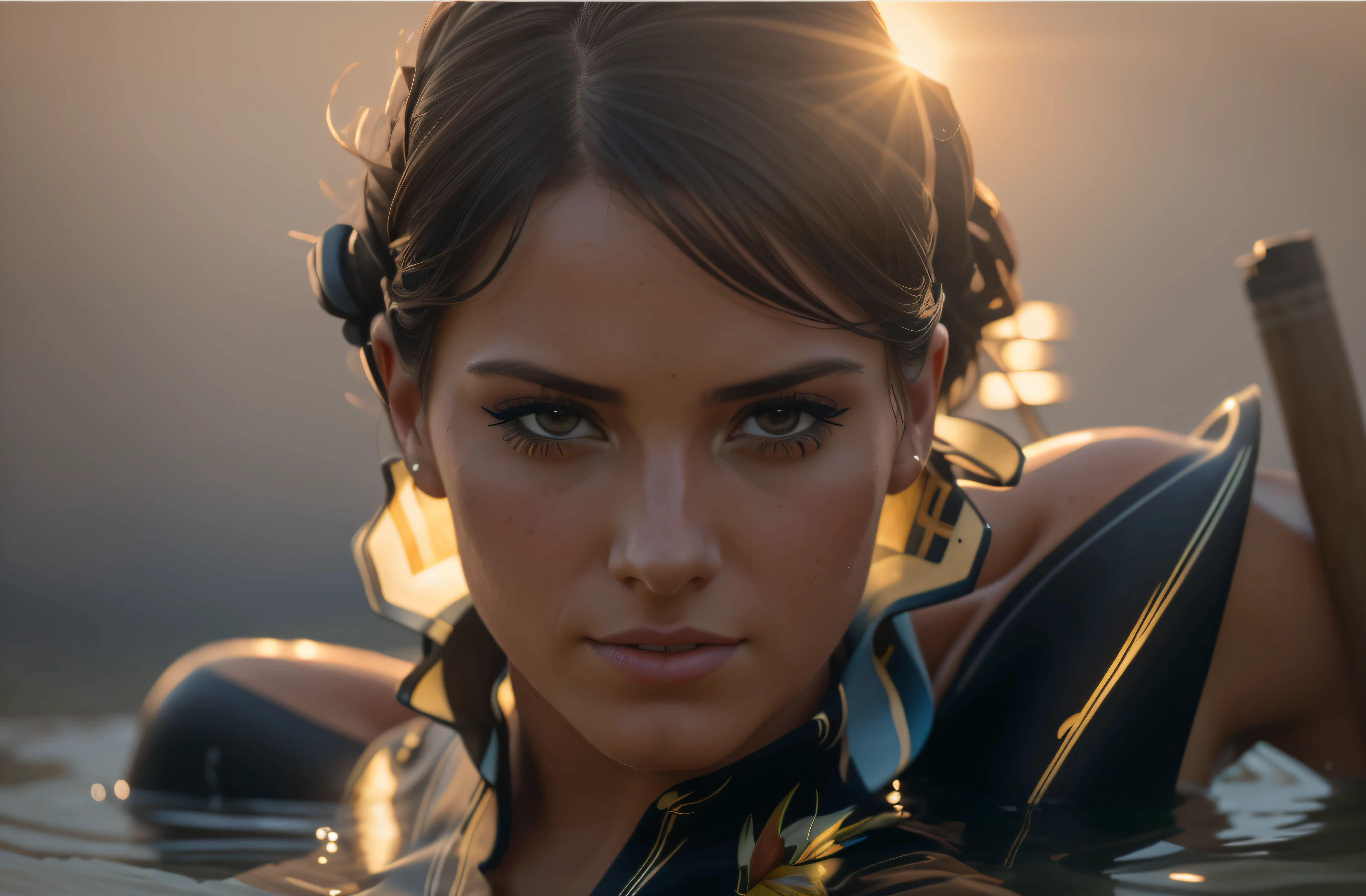 A closeup of a woman in a graffiti wetsuit close-up portrait of a beautiful woman (gldot) bathing in a river, reeds, (backlight), realistic, masterpiece, high quality, lens reflection, shadow, flower, [[chromatic aberration]], by Jeremy Lipking, by Antonio J. Manzanedo, digital painting,