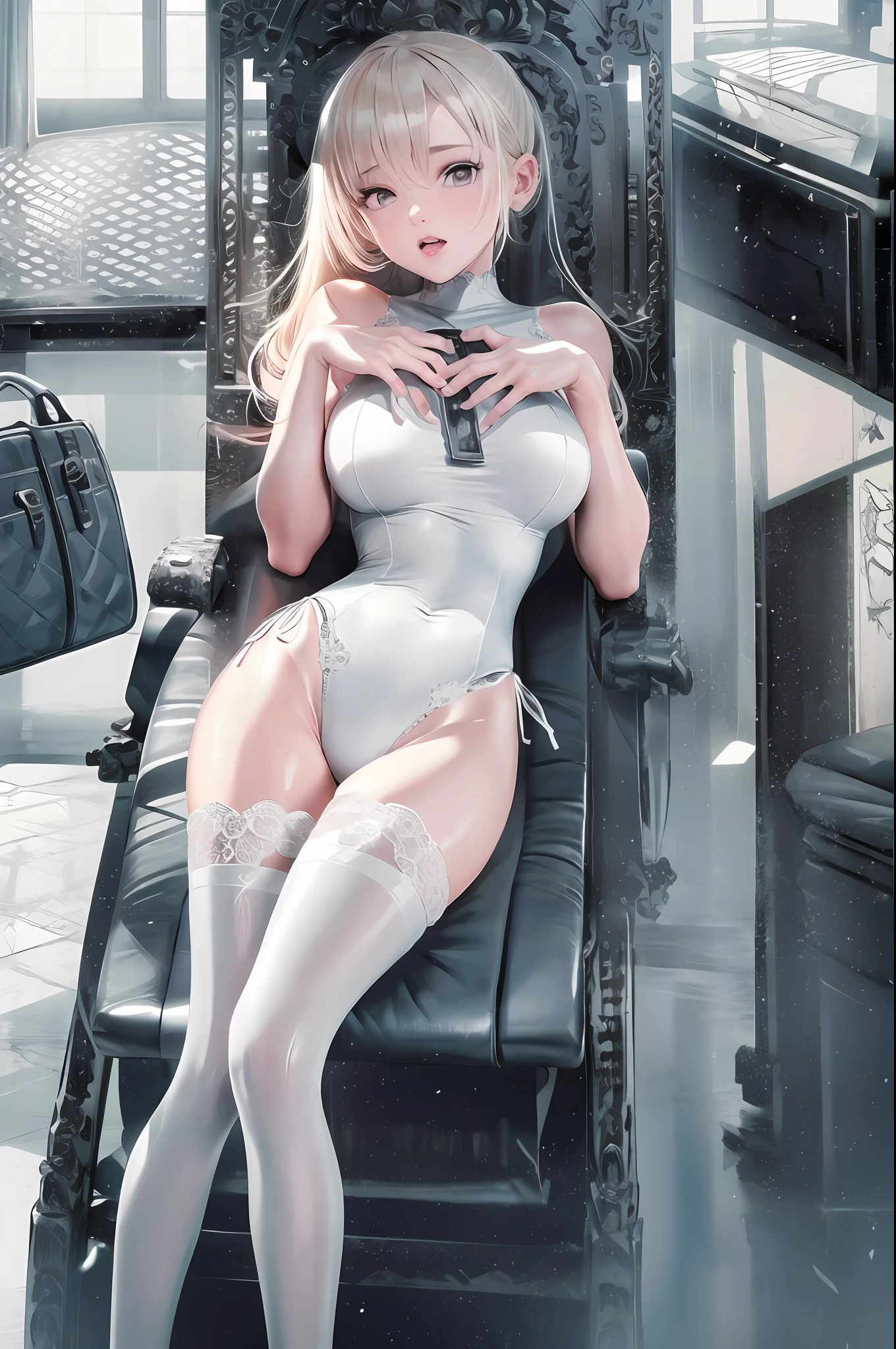 8K, best quality, masterpiece, super high resolution, (Realism: 1.4), Original photo, (Real skin texture: 1.3), (Film grain: 1.3), (Selfie angle), 1 girl, Beautiful eyes and face details, Masterpiece, Best quality, Close-up, Upper body, Looking at the audience, Best quality, Clear underwear, Clear panties, Nun, One hand caressing the chest, One hand touching the panties, Open mouth, blonde hair, double ponytail, white stockings, Spit out tongue drooling, Mucus, sweat, Two hands open panties, Open mouth, expression enjoyment, Close up of soles of feet, feet, masterpiece, legs open, legs forked, split, open top, take off pants, tong, beautiful, nun, lying down, sweaty crotch