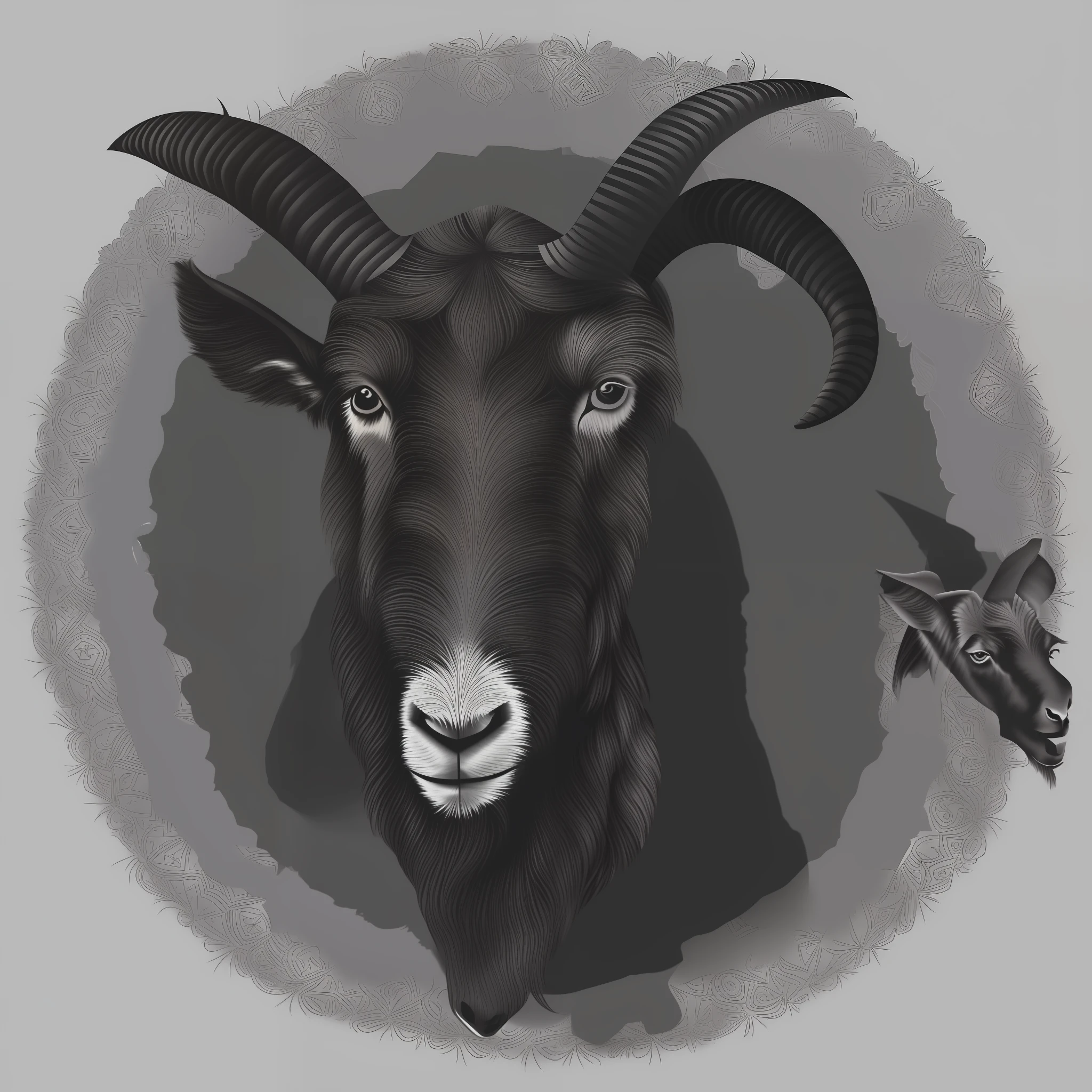 Create for me the silhouette of the face of a horned, shadowy goat staring at the camera