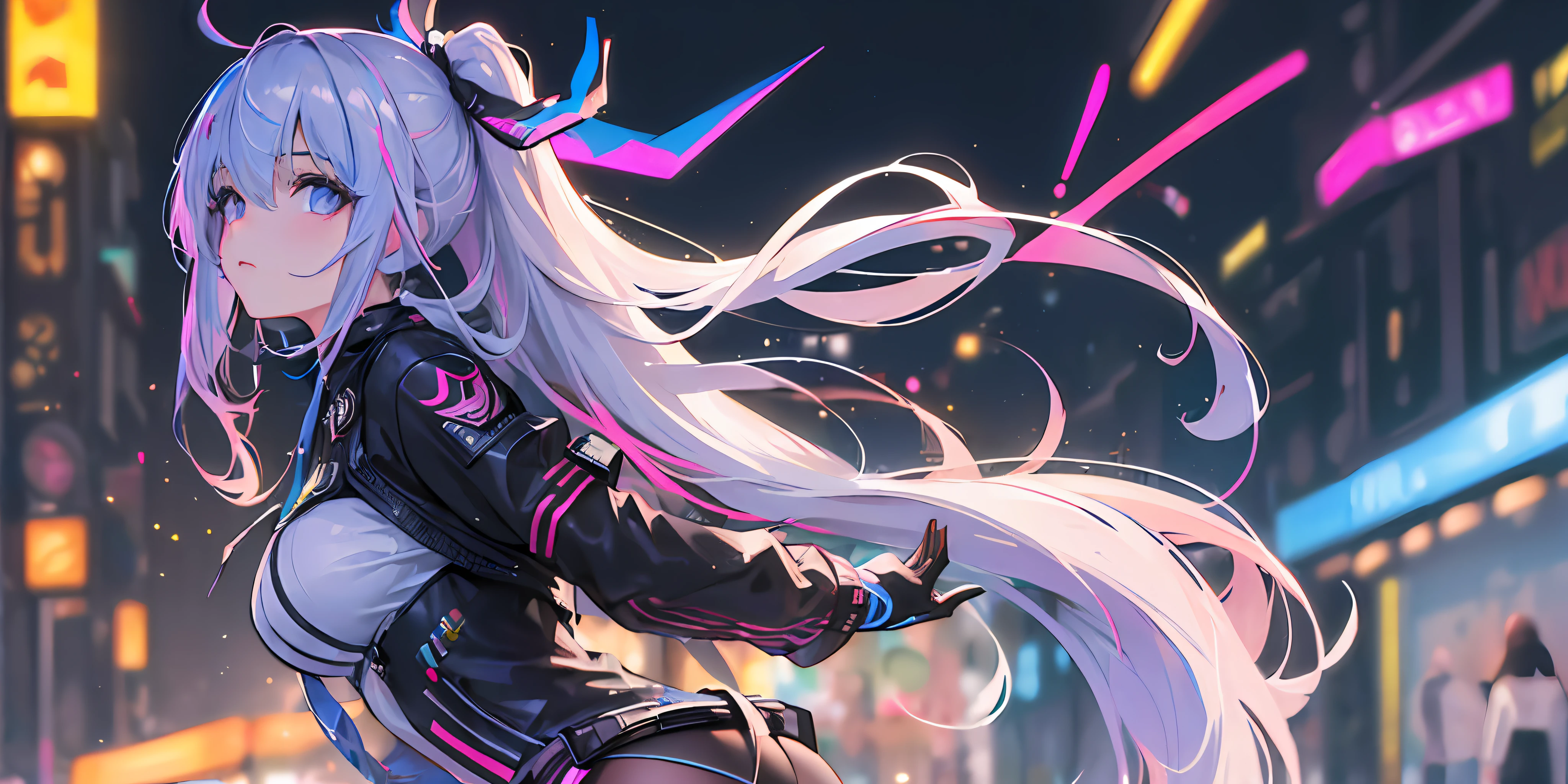 (masterpiece:1.5),(best quality:1.5),(ultra-detailed:1.5),illustration,(1girl:1.5),(solo:1.5), cyberpunk 2077,cityscape,concept art,nightcity,anime,lora,cowboy shot,perfect face,lustrous skin,long hair,beautiful detailed eyes,beautiful flowing hair,(holographic),(holographic clothing:1.2),(bloom),lighting, ray tracing,outdoors,neon lights, light particles,absurdism,hair ornament, hair ribbon,looking at viewer,ahoge,large breasts, (deep depth of field:1.5),