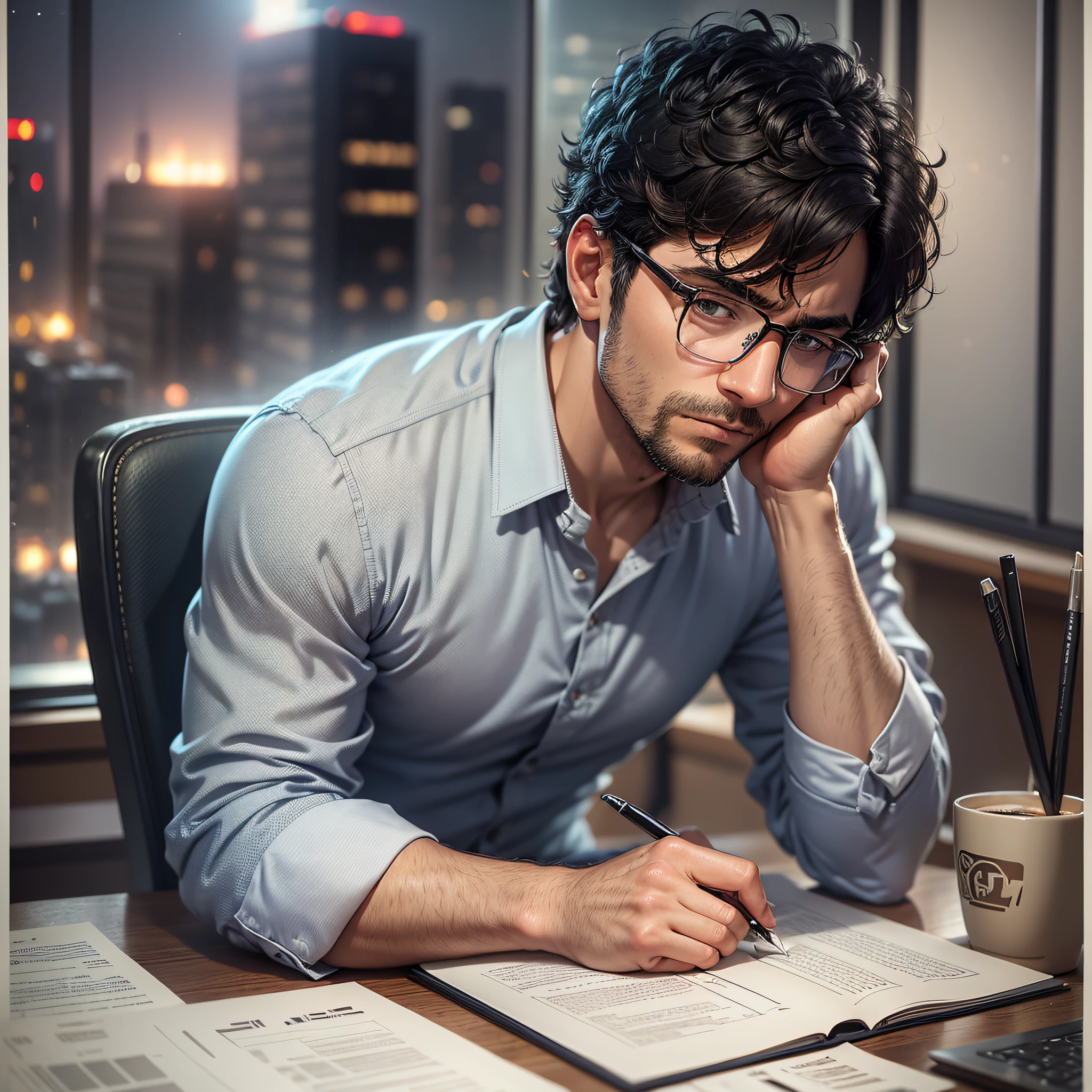 (extremely detailed high-definition CG illustration, first-rate masterpiece),(oppressive office, dim lighting, panoramic photo of a man sitting at a desk surrounded by stacks of files),(exhausted and tired, with short black hair and glasses, hands writing, opening a laptop, with a steaming coffee next to it, close-up emphasizing his tiredness),(night view of the city through the window) --auto --s2