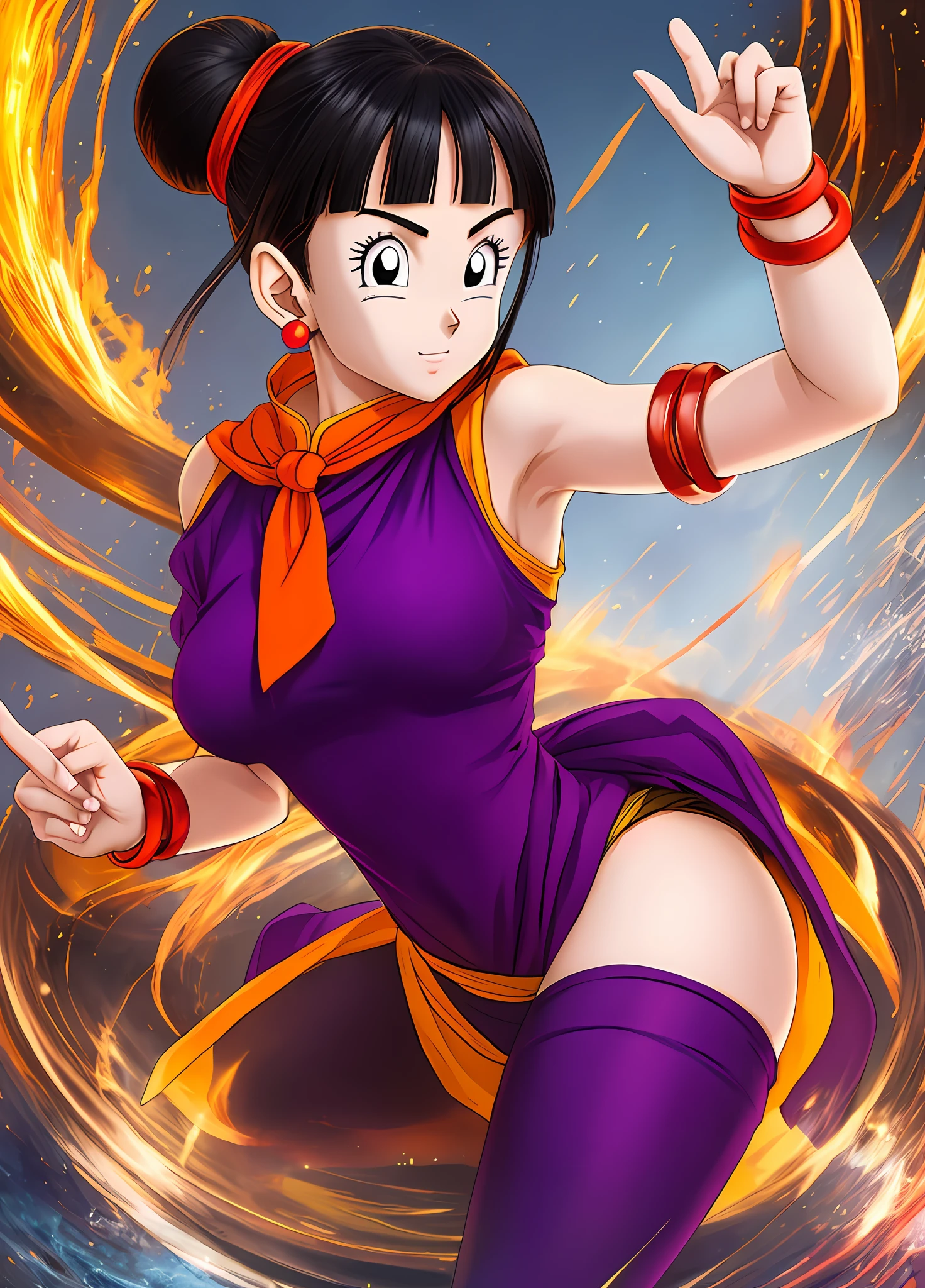 masterpiece, best quality, highest quality, perfect anatomy, perfect face, perfect eyes,
1girl, dbzch1ch1, sidelocks, bangs, single hair bun, hair bun, (black eyes), orange pashmina wrap, red sphere earrings , red wristbands, purple cheongsam, sexy  pose, sexy legs