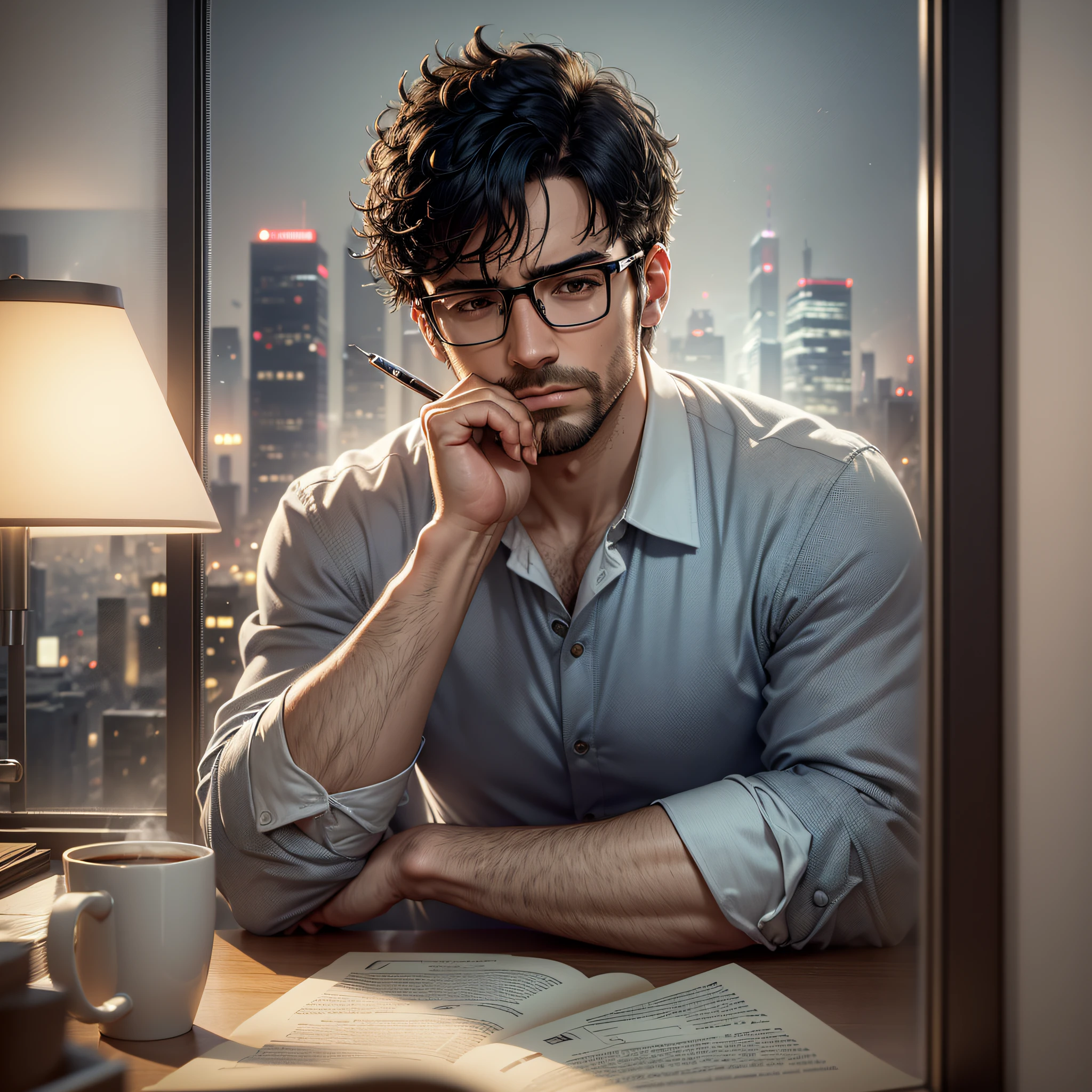 (extremely detailed high-definition CG illustration, first-rate masterpiece),(oppressive office, dim lighting, panoramic photo of a man sitting at a desk surrounded by stacks of files),(exhausted and tired, with short black hair and glasses, resting hands writing, opening a laptop, with a steaming coffee on the side, close-up emphasizing his tiredness),(night view of the city through the window) --auto --s2