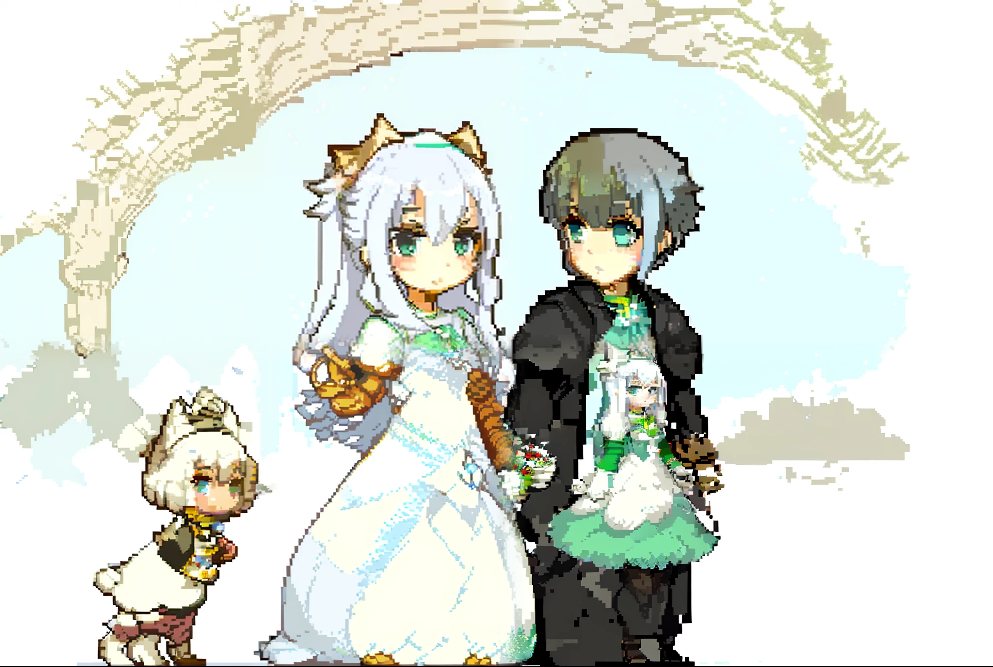 (Double protagonist: 1.1), (Wedding: 1.1), (left, white hair, cat ears, wedding dress: 1.3), (right, green sweatshirt, black dress: 1.2), the best picture quality, super delicate, extremely detailed, pixiv style