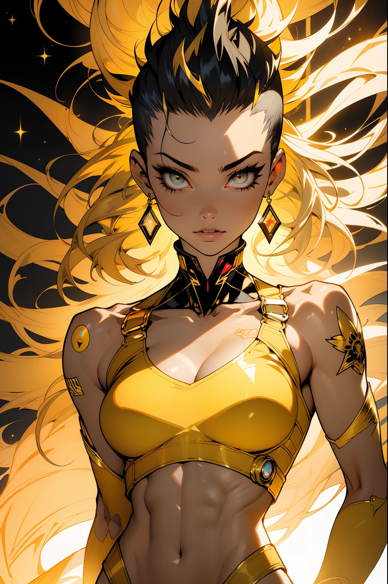 ((Best quality)), ((masterpiece)), (detailed: 1.4), (Absurd), 9full body0, muscular woman of 35 years, kinetic skin yellow gold with (((exposed muscles and bones)))), hot woman, sculptural body with defined muscles, closed mouth, muscular body wearing a micro loincloth, whole body covered by yellow clothing gold neon style Genesis evangelion, ((large breasts)), (eyes with heavy and very black makeup), (((misaligned colored mohawk hair)), (graphic drawings of flames covering the body), ((drawings of golden stars on the arms)), very long eyelashes, heavy eye makeup, lots of jewelry, by mucha, niji --V5, close to real, psychopath, crazy face, sexy pose, 2 piece clothing, pastel, centered, scale to fit the dimensions