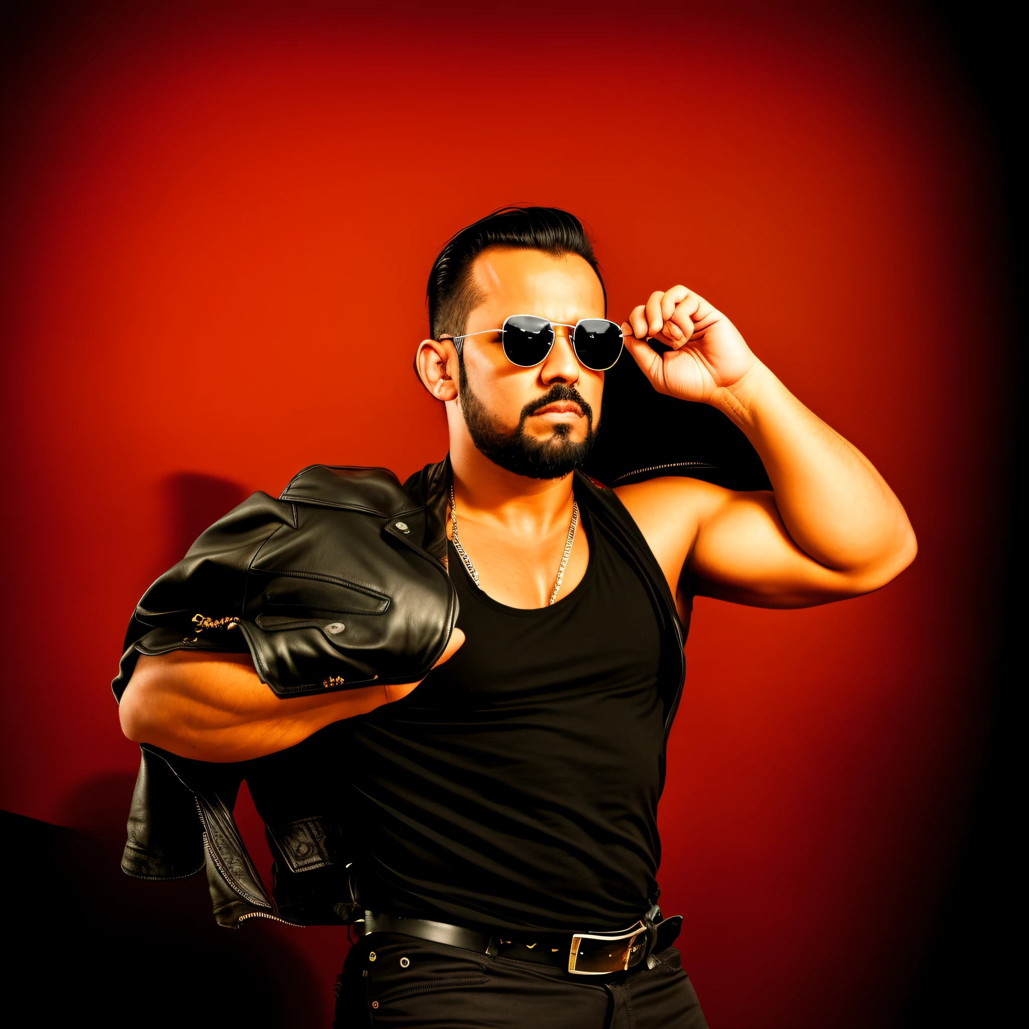 there is a man in black shirt and sunglasses holding a jacket, macho pose, portrait of lucha libre dj, portrait of stout man, menacing look, strong fighter in leather, against dark background, profile picture, in threatening pose, aggressive look, inspired by Germán Londoño, promotional image, in front of an orange background, menacing pose, MUSIC COVER, album, music, singer