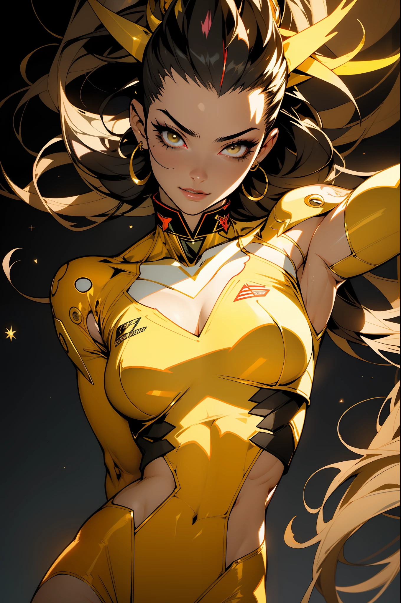 ((Best quality)), ((masterpiece)), (detailed: 1.4), (Absurd), 9full body0, muscular woman of 35 years, kinetic skin yellow gold with (((exposed muscles and bones)))), hot woman, sculptural body with defined muscles, closed mouth, muscular body wearing a micro loincloth, whole body covered by yellow clothing gold neon style Genesis evangelion, ((large breasts)), (eyes with heavy and very black makeup), (((misaligned colored mohawk hair)), (graphic drawings of flames covering the body), ((drawings of golden stars on the arms)), very long eyelashes, heavy eye makeup, lots of jewelry, by mucha, niji --V5, close to real, psychopath, crazy face, sexy pose, 2 piece clothing, pastel, centered, scale to fit the dimensions