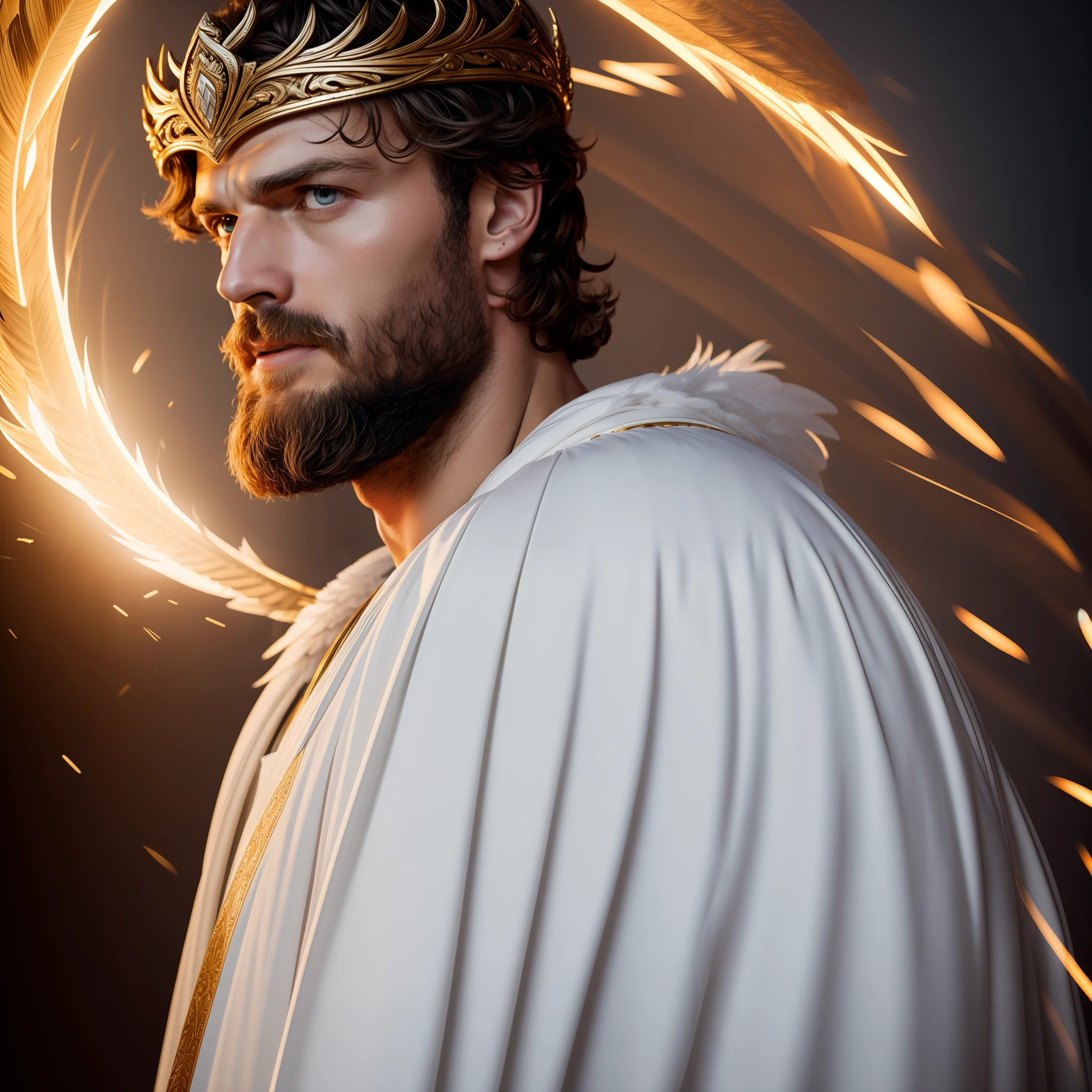 Man with large wings of white feathers on the back, praying, large wings, Jamie Dornan, eyes of light, wearing short black beard, wearing Golden Crown, focus on the details of the face, coming out happy rays, serious and attractive man, wearing white robe, magical and real effect, movie cover, with magical light explosions, powerful celestial warrior, similar to actor Jamie Dornan,  orange magic sky image background, (8k, RAW photo, best quality, masterpiece: 1.2), (realistic, photorealistic: 1.37), professional lighting.