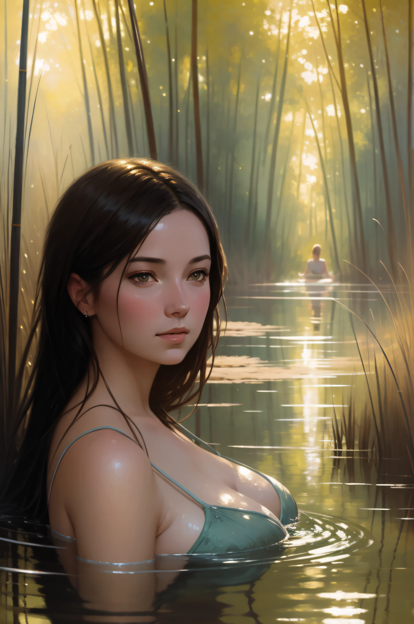 closeup portrait of a cute woman (gldot) bathing in a river, reeds, (backlighting), realistic, masterpiece, high quality, lens flare, shadow, flower, [[chromatic aberration]], by Jeremy Lipking, by Antonio J. Manzanedo, digital painting,