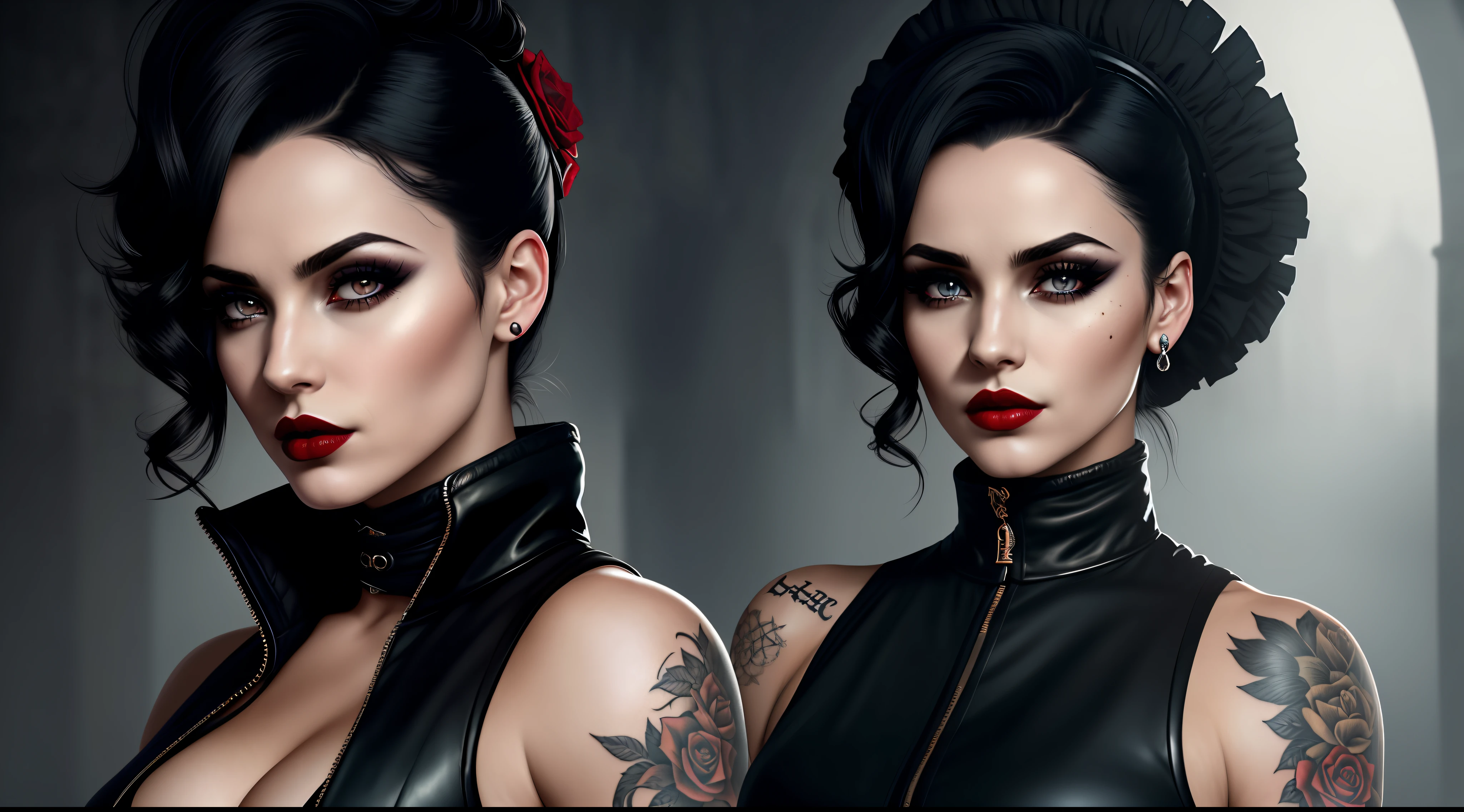 Gang leader, female, London year 1814, cloudy, athletic physique, no clothes, hollow, tattoos on the torso, matte top hat, cunning look, rough look, cinematic, 6d cannon, octane rendering, vintage aesthetic, mysterious aura, dark atmosphere, detailed face, mysterious aura, bright skin, short black hair, detailed intense blue eyes, arched eyebrows, dark makeup, full lips, deep red lipstick, whole body, WLOP, 1 girl, solo, rendered in 8K resolution for high quality detail,perfect anatomy, hands with 4 fingers and 1 thumb, rendered in 8K resolution for high quality detail, 8K image quality, 8K high resolution image, hyper detailed, super realistic, intricate details