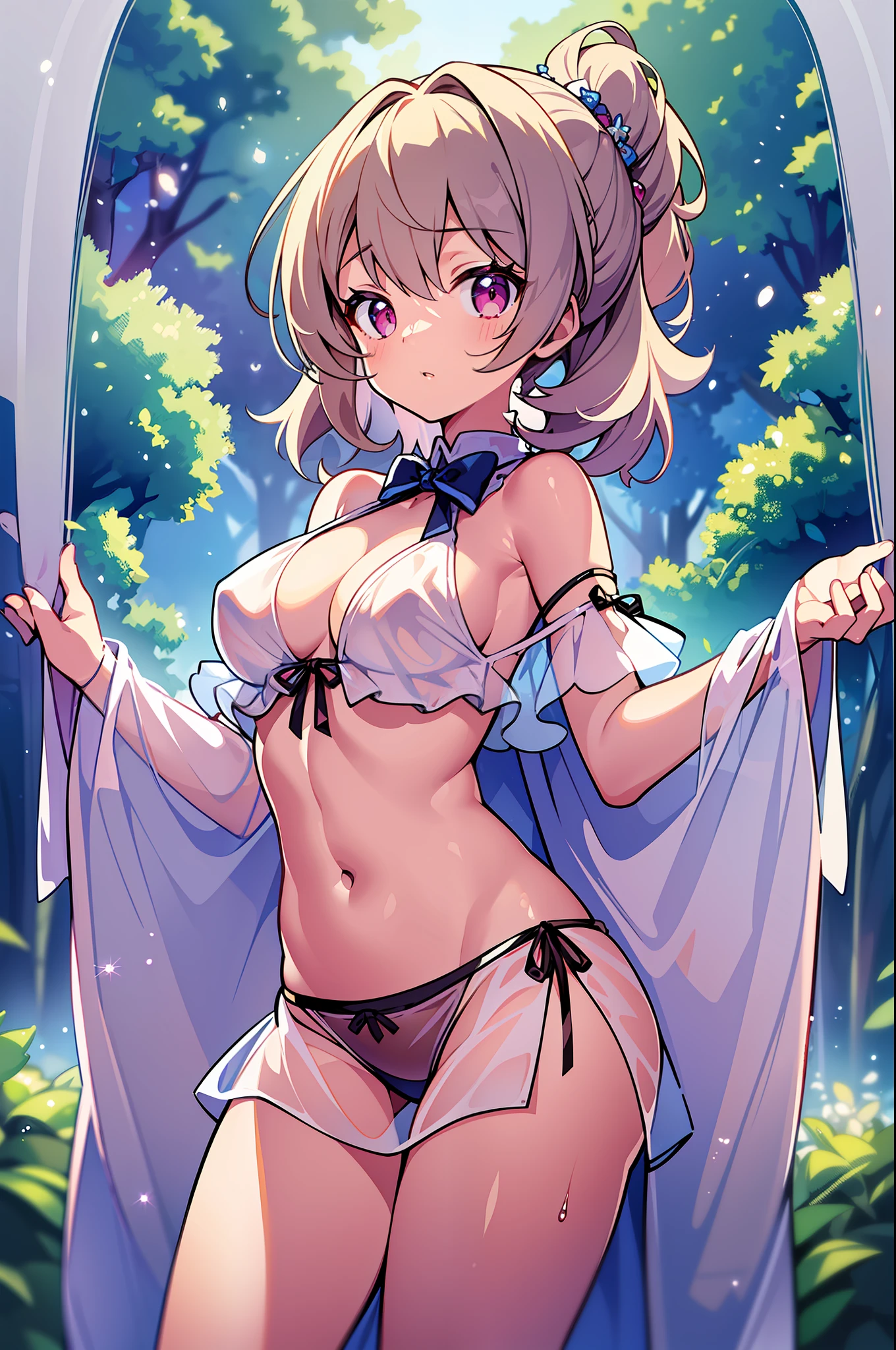 (MASTERPIECE), (Best Quality), (Ultra Detail), (Best Anatomy), Official Art, One Girl, Lori with Light Hair, Petite Girl, Goddess, See-Through Robe, Small Breasts, Cleavage, Off Shoulder, Underboob, Side Boob, Thigh Focus, Navel Out, Low Angle, Wet and See-through, Chest Stretching, Card Illustration, Deep Forest Fountain