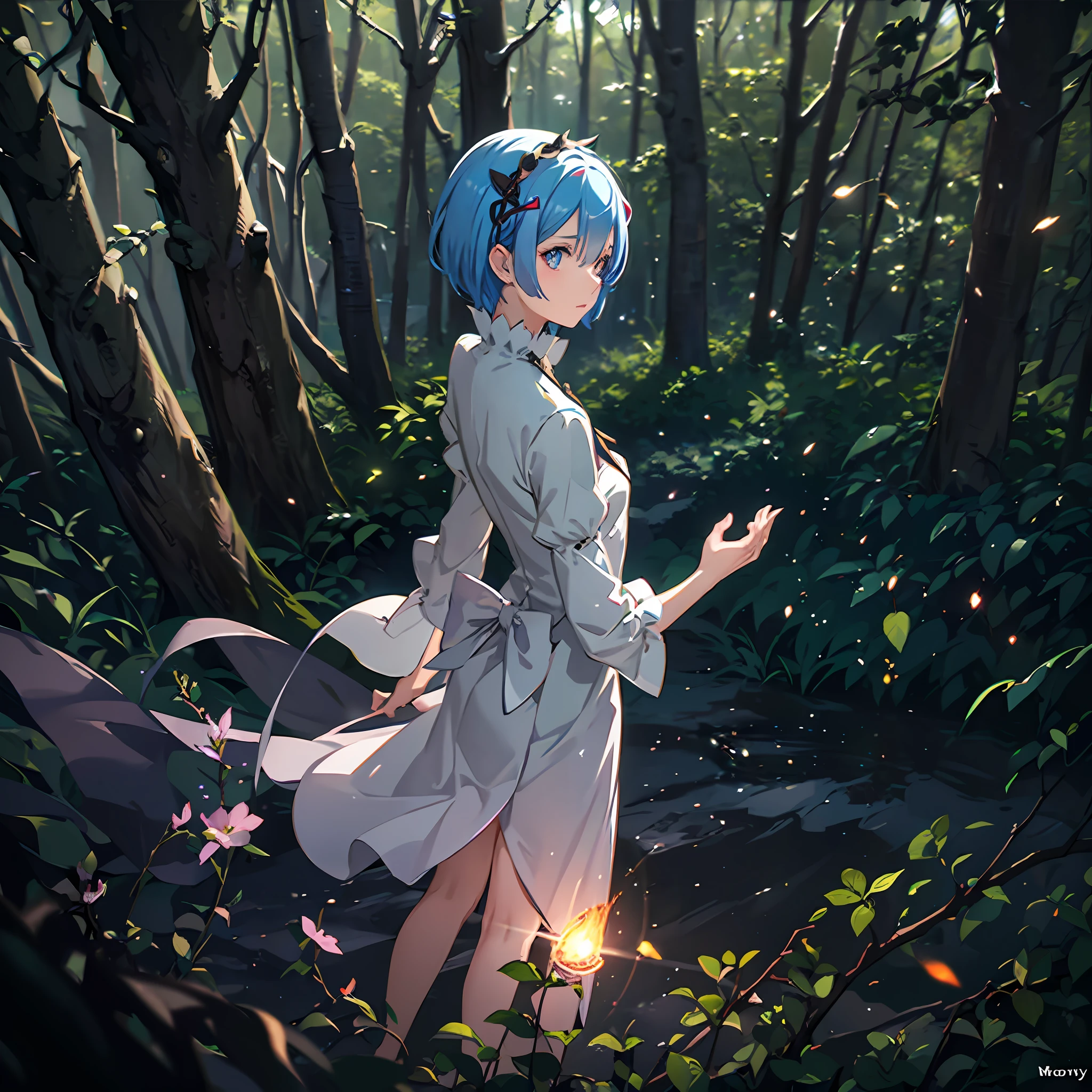 Rem from Rezero, looking forward to a forest, lens flare, flames, night, view from above, dark ambient, shadows, contrast