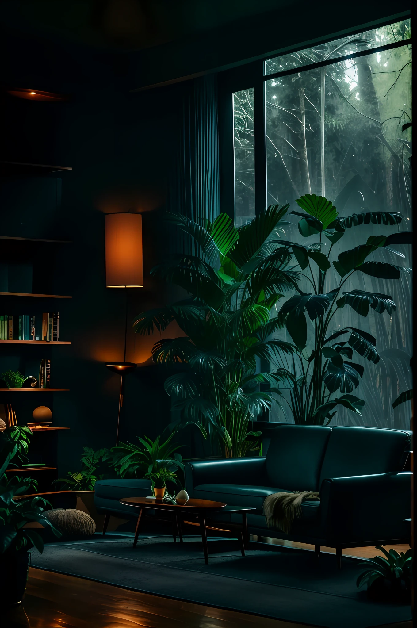 midcentury modern living room dimly lit with dark rainy evening outside, (foggy rainy evening:1.2), pacific northwest, (dim lighting:1.4), (moody lighting:1.2), plants, large plants, rainy, monstera, many plants, (foggy windows:1.2), masterpiece, best quality, twilight hour, (nighttime:1.4), rainy evening, after sunset,