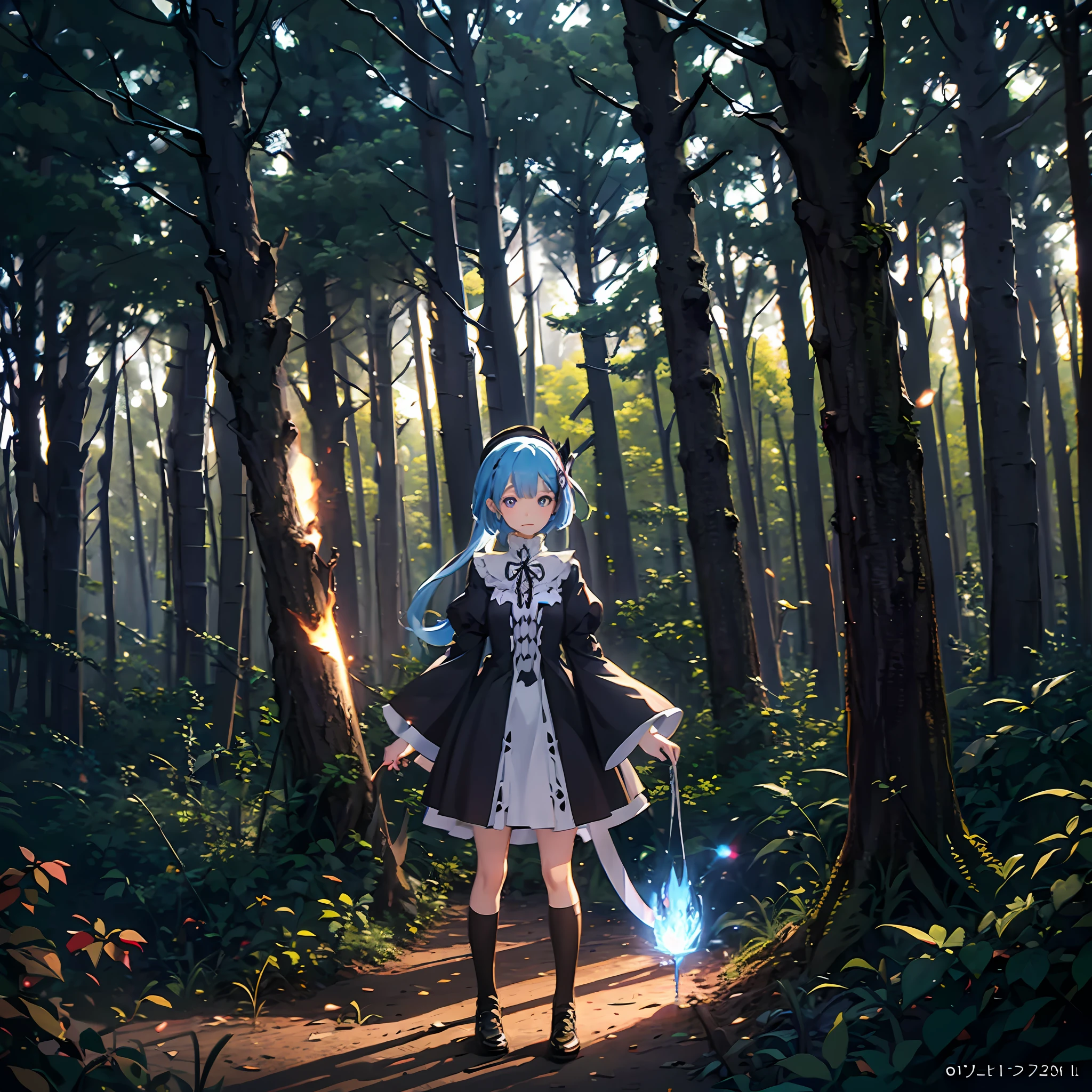 Rem from Rezero, looking forward to a forest, lens flare, flames, night, view from above, dark ambient, shadows, contrast