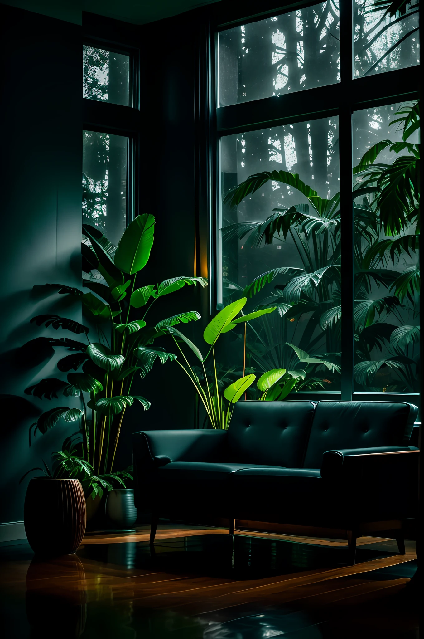 midcentury modern living room dimly lit with dark rainy evening outside, (foggy rainy evening:1.2), pacific northwest, (dim lighting:1.4), (moody lighting:1.2), plants, large plants, rainy, monstera, many plants, (foggy windows:1.2), masterpiece, best quality, twilight hour, (nighttime:1.4), rainy evening, after sunset,