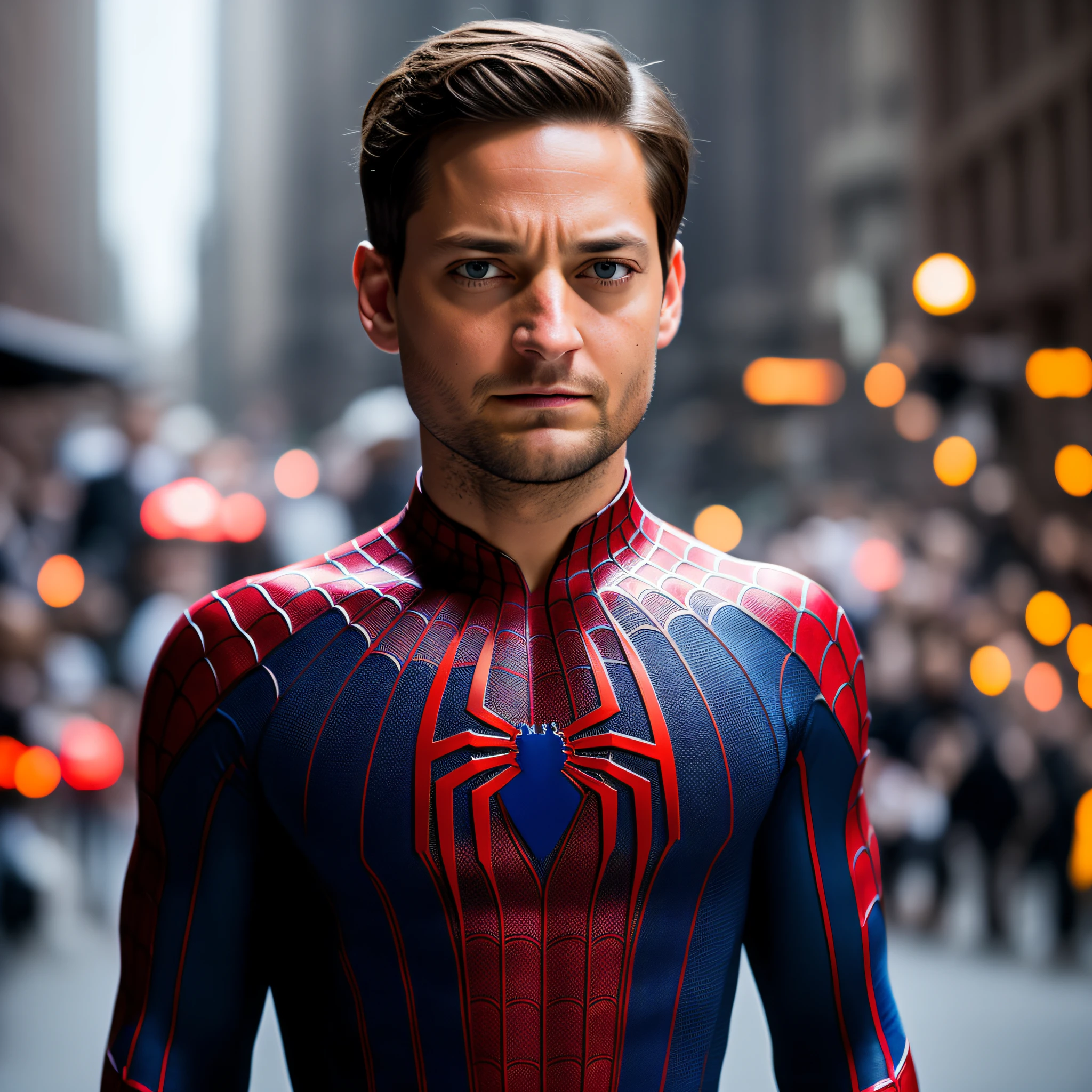 Photograph of Tobey Maguire incorporated into the Spider-Man character, traditional uniform, with blue and red colors, perfect symbol of the spider on the chest, without the mask on the head, showing his face, body away in the image, body centered in the image, details on the uniform , details in the hair, standing on the streets of New York, people in the blurred background looking at him, perfect realism, 8k