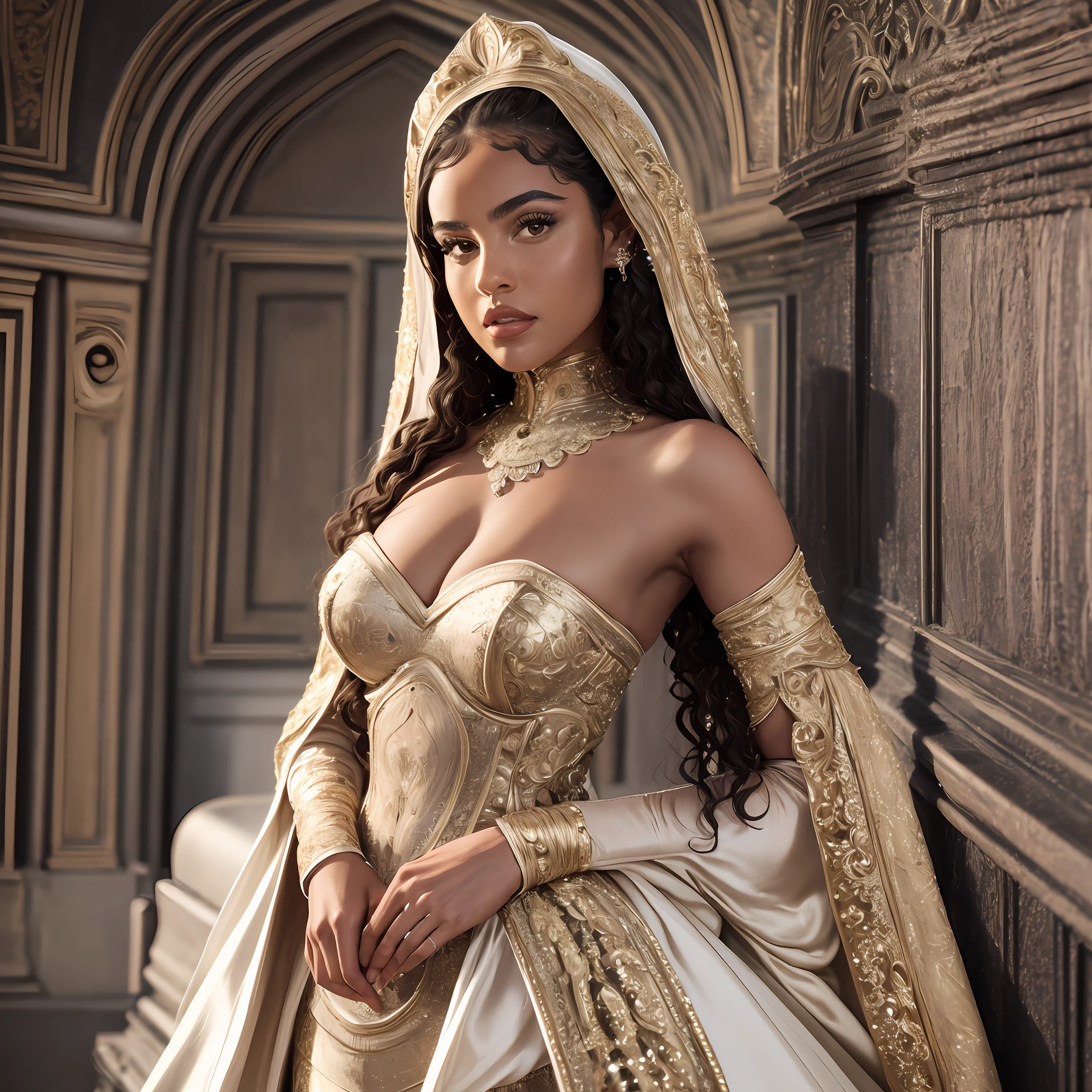 (detailed:1.15), (HD, Ultra Detailed) a Giulia Ricci, black skin, wearing wedding dress, 8k wedding background