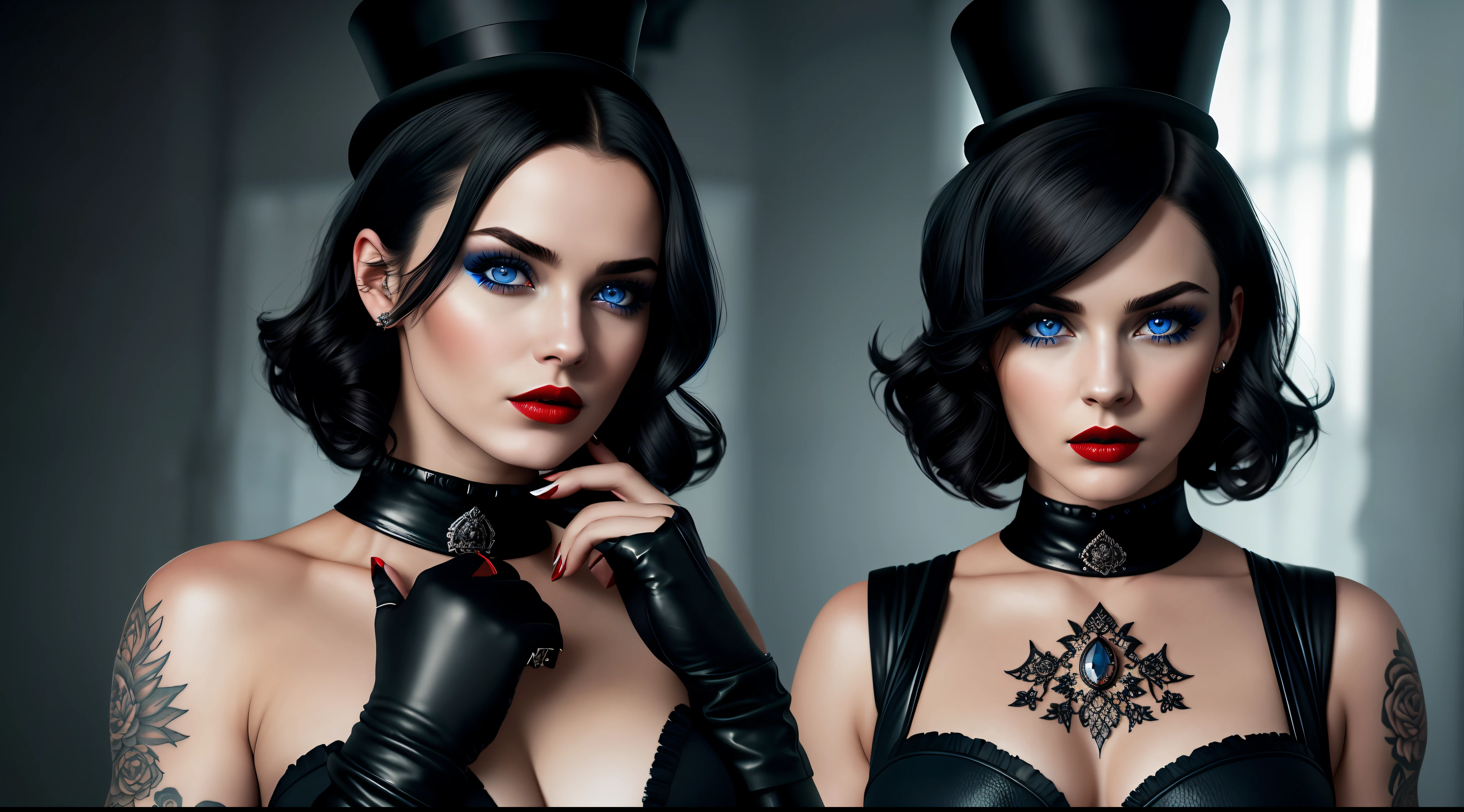 1 girl, solo, Gang leader, female, London year 1814, cloudy, athletic physique, no clothes, hollow, tattoos on the torso, matte top hat, cunning look, rough look, cinematic, 6d cannon, octane rendering, vintage aesthetic, mysterious aura, dark atmosphere, detailed face, mysterious aura, bright skin, short black hair, detailed intense blue eyes, arched eyebrows, dark makeup, full lips, deep red lipstick, full body, WLOP, 1 girl, solo, rendered in 8K resolution for high quality detail,perfect anatomy, hands with 4 fingers and 1 thumb, rendered in 8K resolution for high quality detail, 8K image quality, 8K high resolution image, hyper detailed, super realistic, intricate details