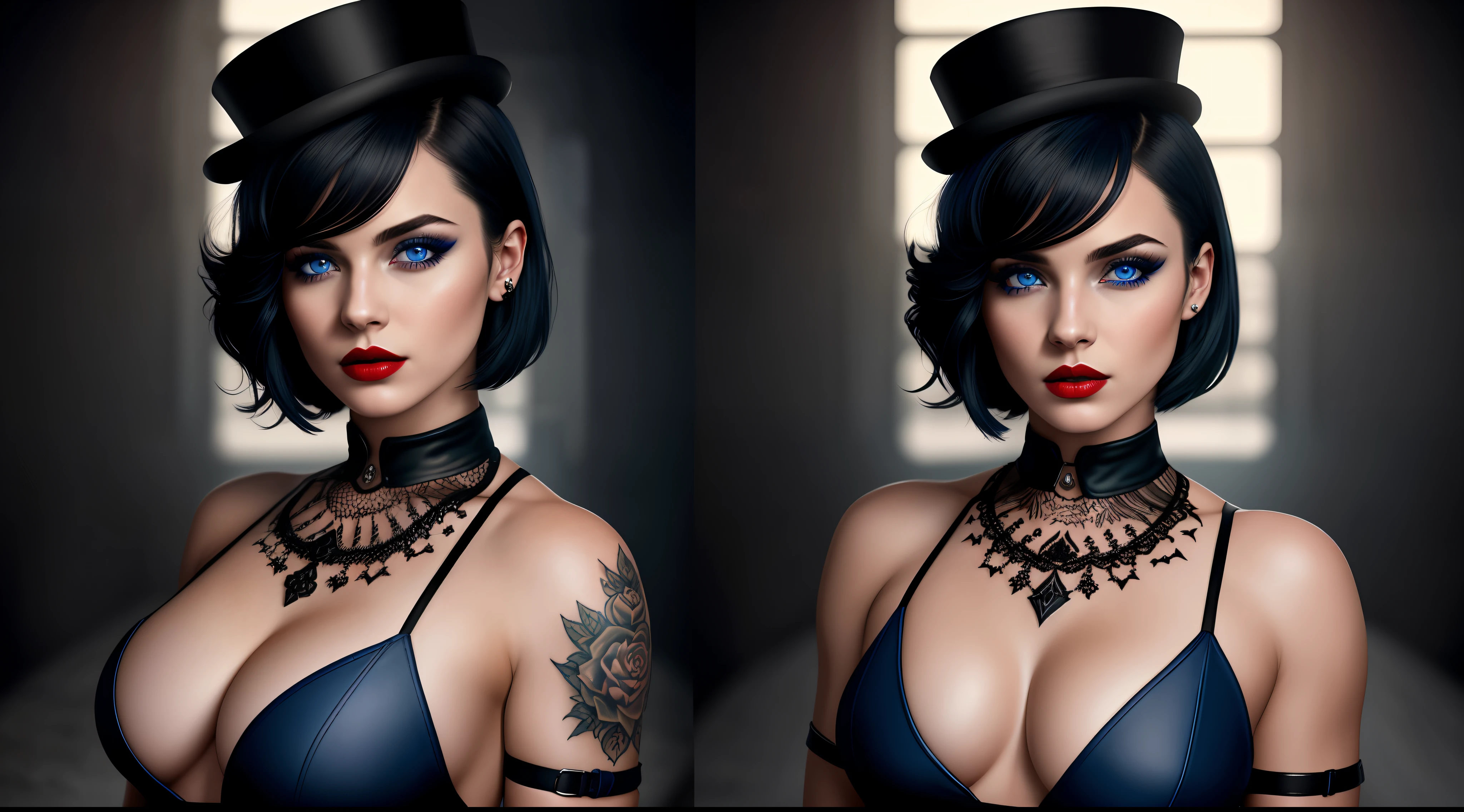 1 girl, solo, Gang leader, female, London year 1814, cloudy, athletic physique, no clothes, hollow, tattoos on the torso, matte top hat, cunning look, rough look, cinematic, 6d cannon, octane rendering, vintage aesthetic, mysterious aura, dark atmosphere, detailed face, mysterious aura, bright skin, short black hair, detailed intense blue eyes, arched eyebrows, dark makeup, full lips, deep red lipstick, full body, WLOP, 1 girl, solo, rendered in 8K resolution for high quality detail,perfect anatomy, hands with 4 fingers and 1 thumb, rendered in 8K resolution for high quality detail, 8K image quality, 8K high resolution image, hyper detailed, super realistic, intricate details