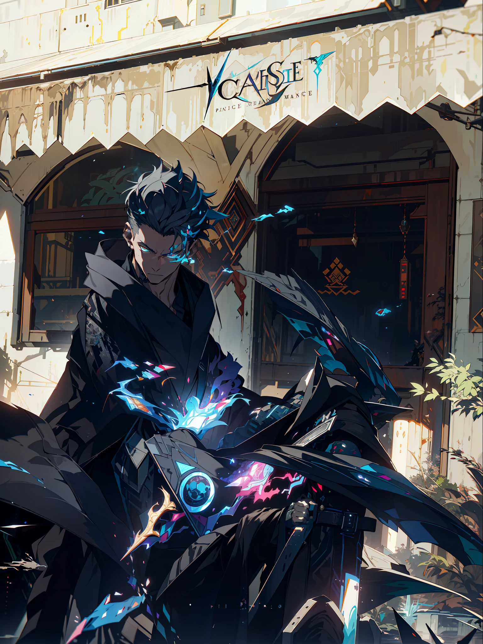 cyberpunk man, fantasy world, dark background, clean design, epic Instagram, artstation, locomotives, locomotive with crotch, colorful paint splash, silhouette, ultra-detailed intricate details, Unreal engine, fantasy, complex details, splash screen, complementary colors, fantasy concept art, 8k resolution, deviantart masterpiece, oil painting, heavy stroke, paint dripping, (isolated on white background: 1.3), rainbow skin, ((( Handsome young man))), ((teenage:1.5)), (glowing blue eyes), ((eyes with light)), (short white hair: 1.1))), ((black), (prince\\(indifferent expression\\),, (((wearing high-detail luxury black robe))), white hair, frost magic, ((pectoral muscles) --v 6